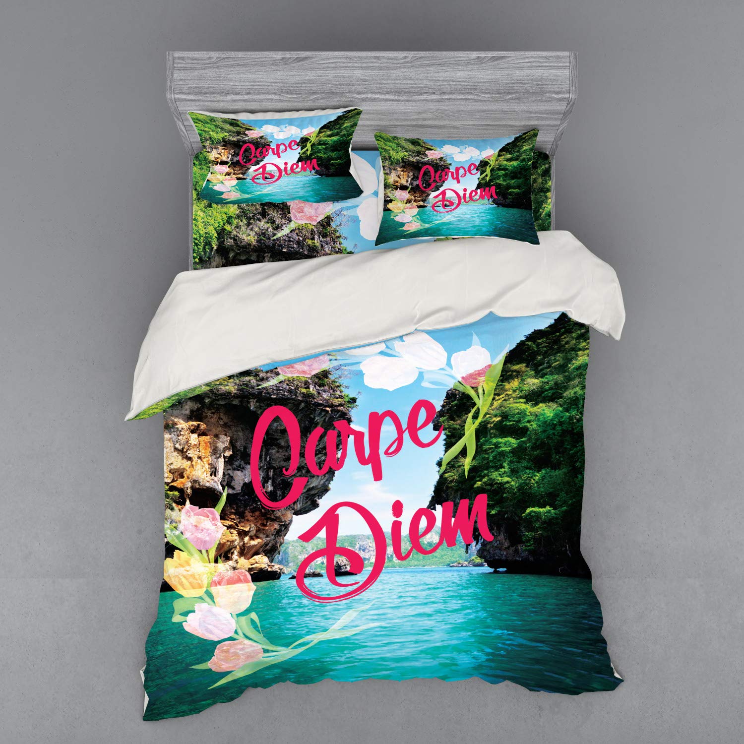 Ambesonne Carpe Diem Duvet Cover Set - 4 Piece Tropical Ocean & Cliffs Bedding with Shams & Fitted Sheet, Queen Size Multicolor - Perfect for Beach House Decor & Boho Chic Bedroom Style