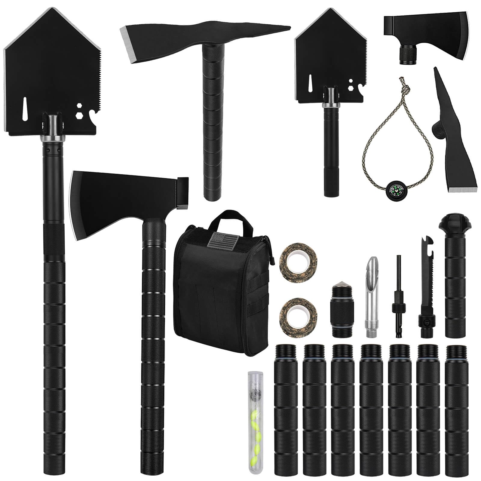 IUNIO 12-in-1 Survival Kit with Folding Shovel, Camping Axe, Multitool & Pickaxe - Heavy Duty Off-Road Tools for Outdoor Adventures, Hiking, Camping & Car Emergency (Upgrade Black) - Includes Durable Carrying Bag