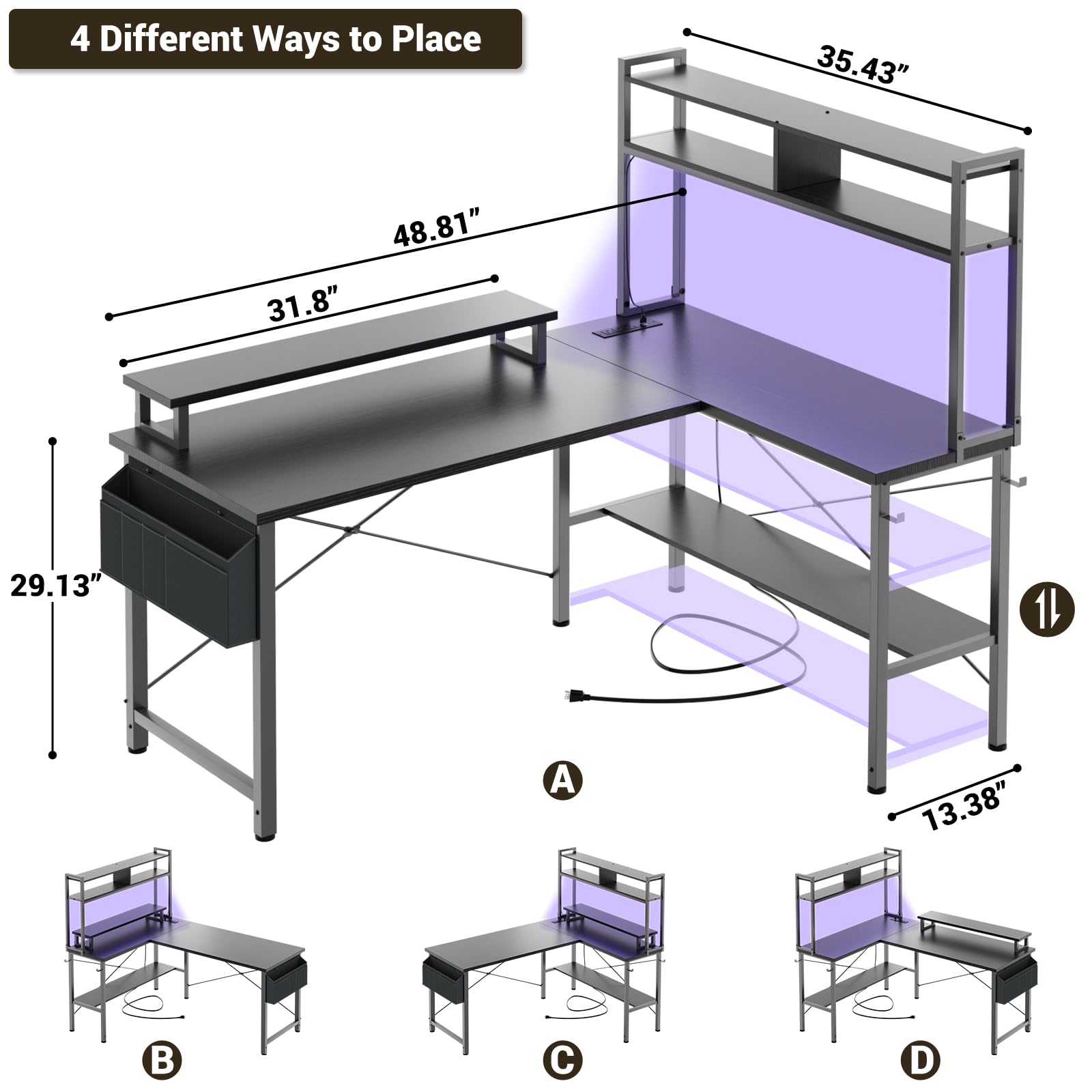 Aheaplus L-Shaped Gaming Desk with Power Outlets & LED Lights - Small Corner Computer Desk with Monitor Stand, Storage Shelf & Cable Management Bag - Ergonomic Home Office & Gaming Setup for Small Spaces (Black)