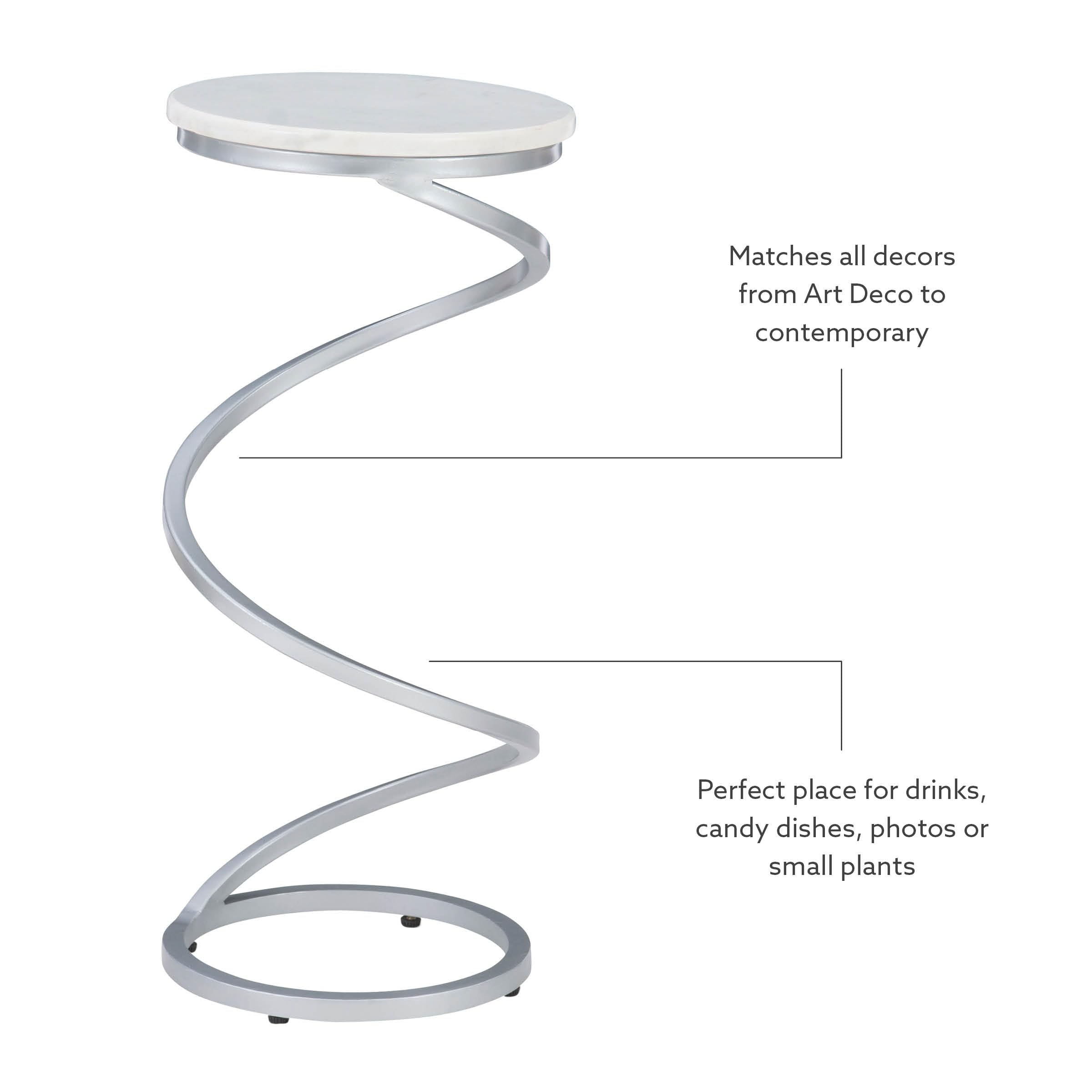 Powell Nora Table - Silver Spiral Metal Base with White Marble Top - Modern Drink Table for Living Room, Bedroom, or Office