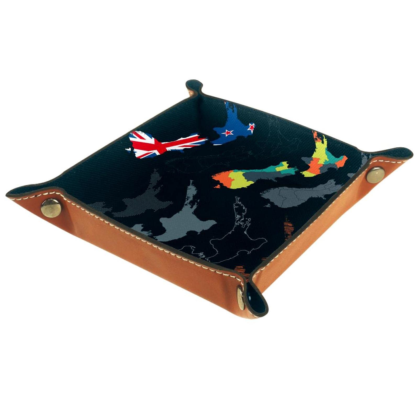 Premium Leather Folding Dice Tray with Storage Box - Jewelry, Watch, Key, Coin & Candy Organizer - Dark Color NZ Map Design - Perfect for Board Games, Travel & Home Decor