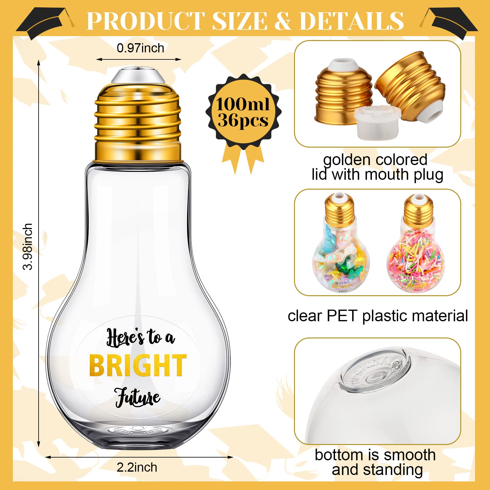 72 Pcs Graduation Plastic Light Bulb Jars Set - 36 Sets Clear Fillable Candy Containers with Lids & Stickers - Bulk Lightbulb Ornaments for Grad Party Decorations, Crafts, and School Celebrations