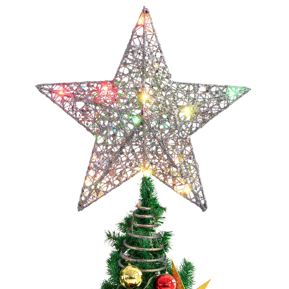 Christmas Tree Star Topper with LED Lights - Glittered Xmas Tree Top Decor for Holiday Home Party (Silver) | Perfect for Christmas Tree Decorations & Festive Indoor Lighting