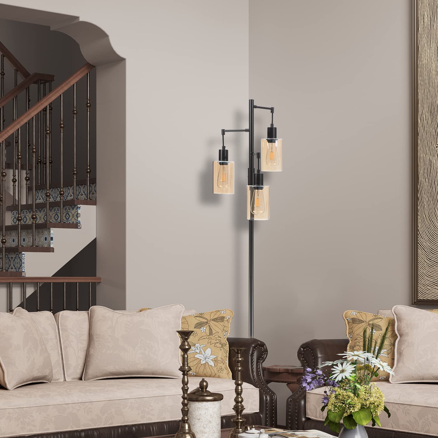 Liylan Farmhouse Floor Lamp - Dimmable Rustic Tree Standing Light with Amber Glass Shade, Oil Rubbed Bronze Finish, 3-Light Tall Pole Lighting for Living Room, Bedroom & Reading Nook | Perfect for Cozy Home Decor & Ambient Lighting