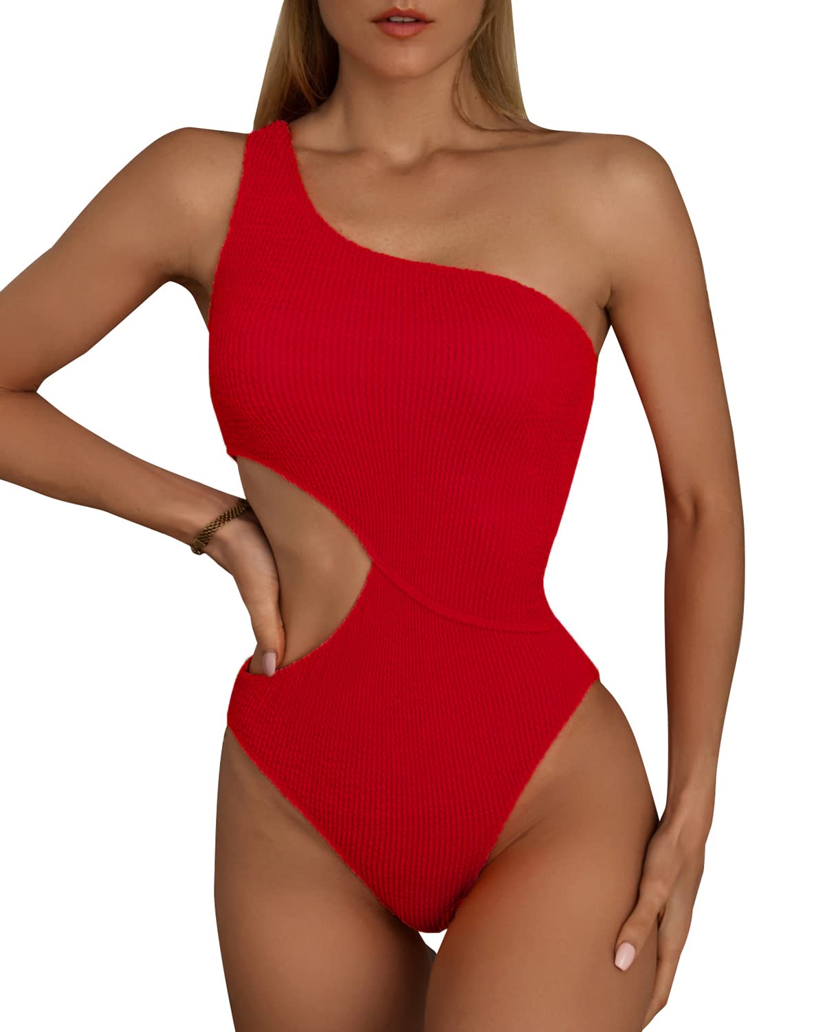Limeeke Women's One Shoulder Cutout Monokini Swimsuit - Sexy Ribbed One Piece Bathing Suit for Beach, Pool & Vacation