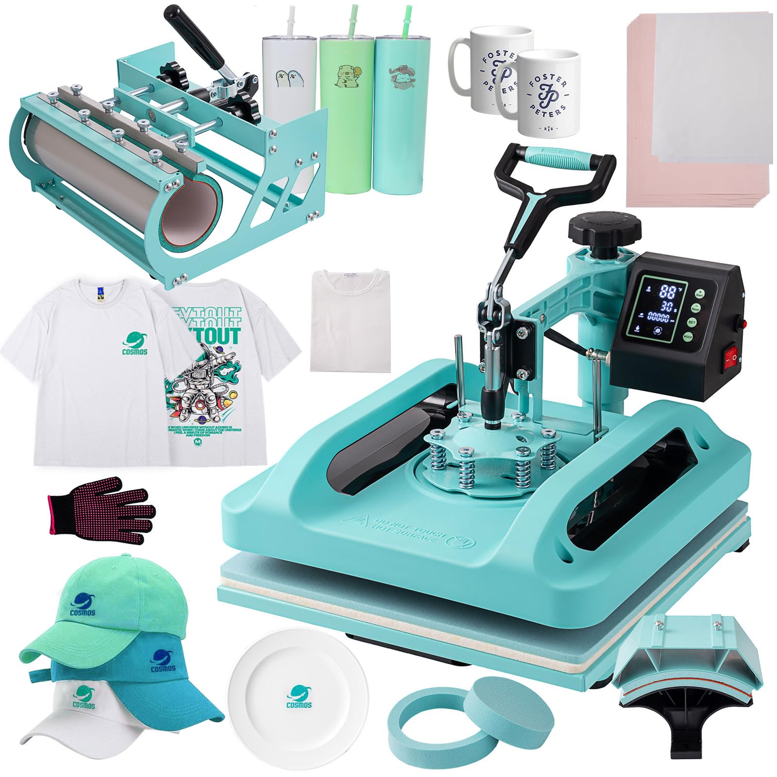 5 in 1 Heat Press Machine 15x15 Inch with 30oz Tumbler Attachment - Professional Sublimation Printer for T-Shirts, Hats, Mugs & Plates - Perfect for DIY Crafts, Custom Apparel & Small Business Printing