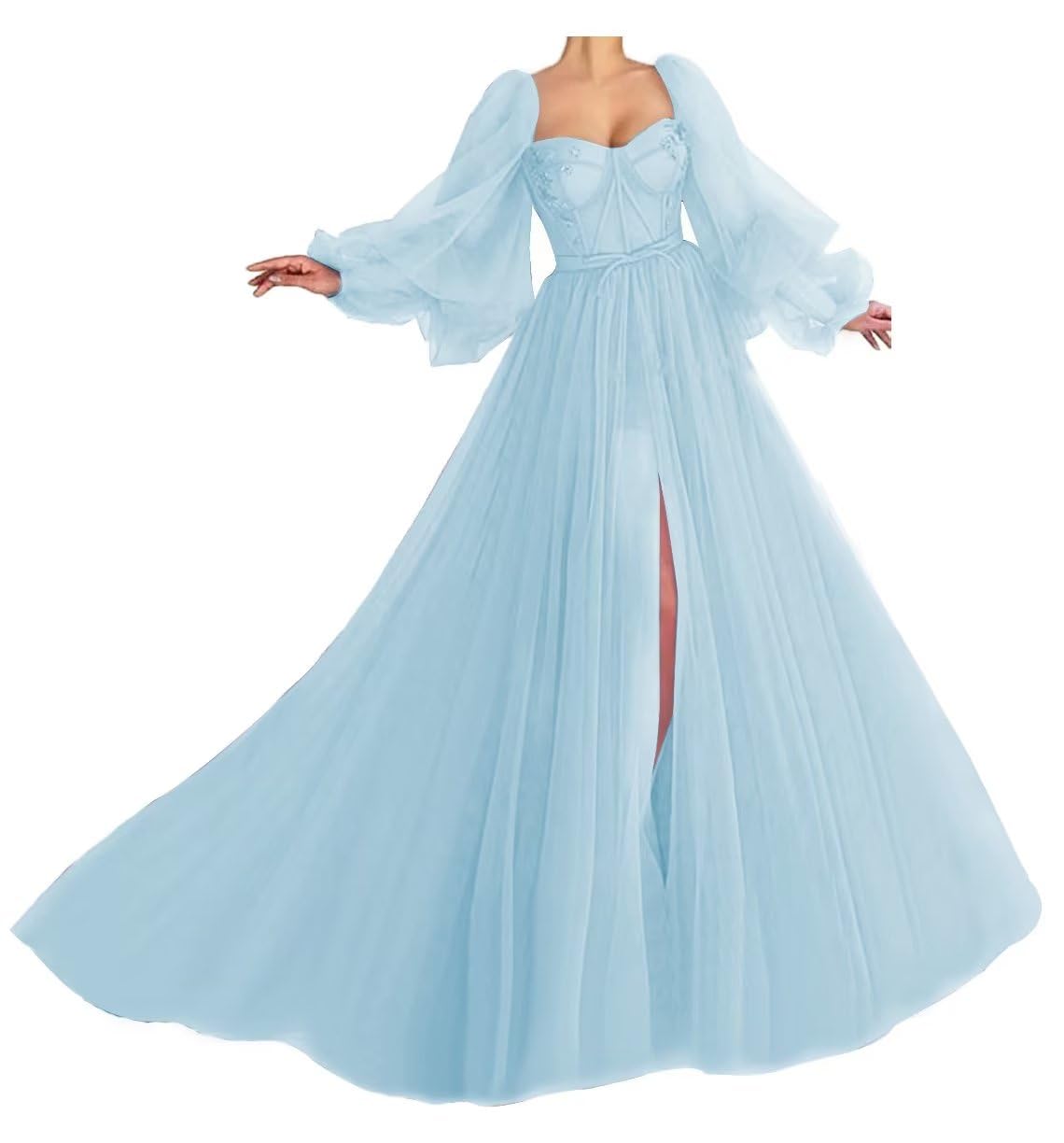 Light Blue Prom Dresses for Women Plus Size 6 - Elegant Ball Gown with Puffy Sleeves & Tulle Skirt - Perfect for Photoshoots, Formal Dances & Special Occasions
