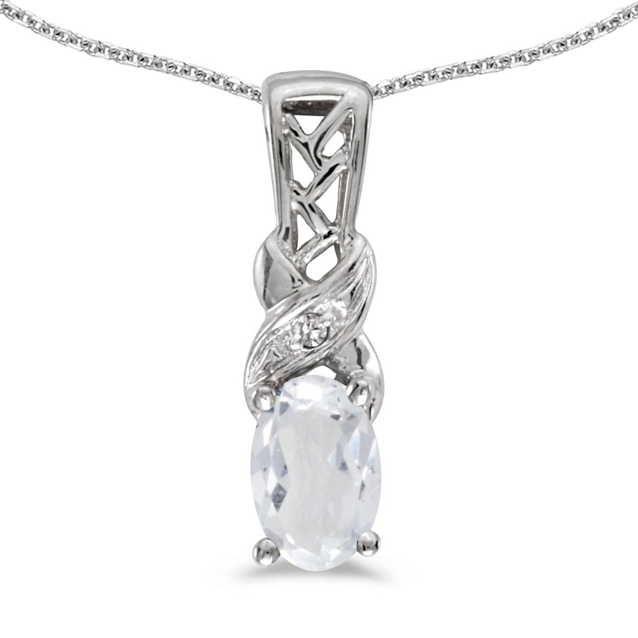 14K White Gold Oval White Topaz and Diamond Pendant Necklace with 18