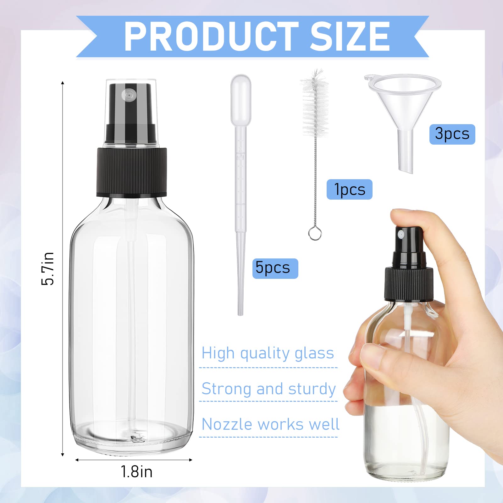 Nuogo 50-Pack 4oz Refillable Mini Glass Spray Bottles with Fine Mist Nozzle - Includes Funnel, Dropper & Cleaning Brush - Perfect for Essential Oils, Perfumes, Aromatherapy (Transparent) - Ideal for DIY Beauty, Home Fragrance & Travel Toiletries
