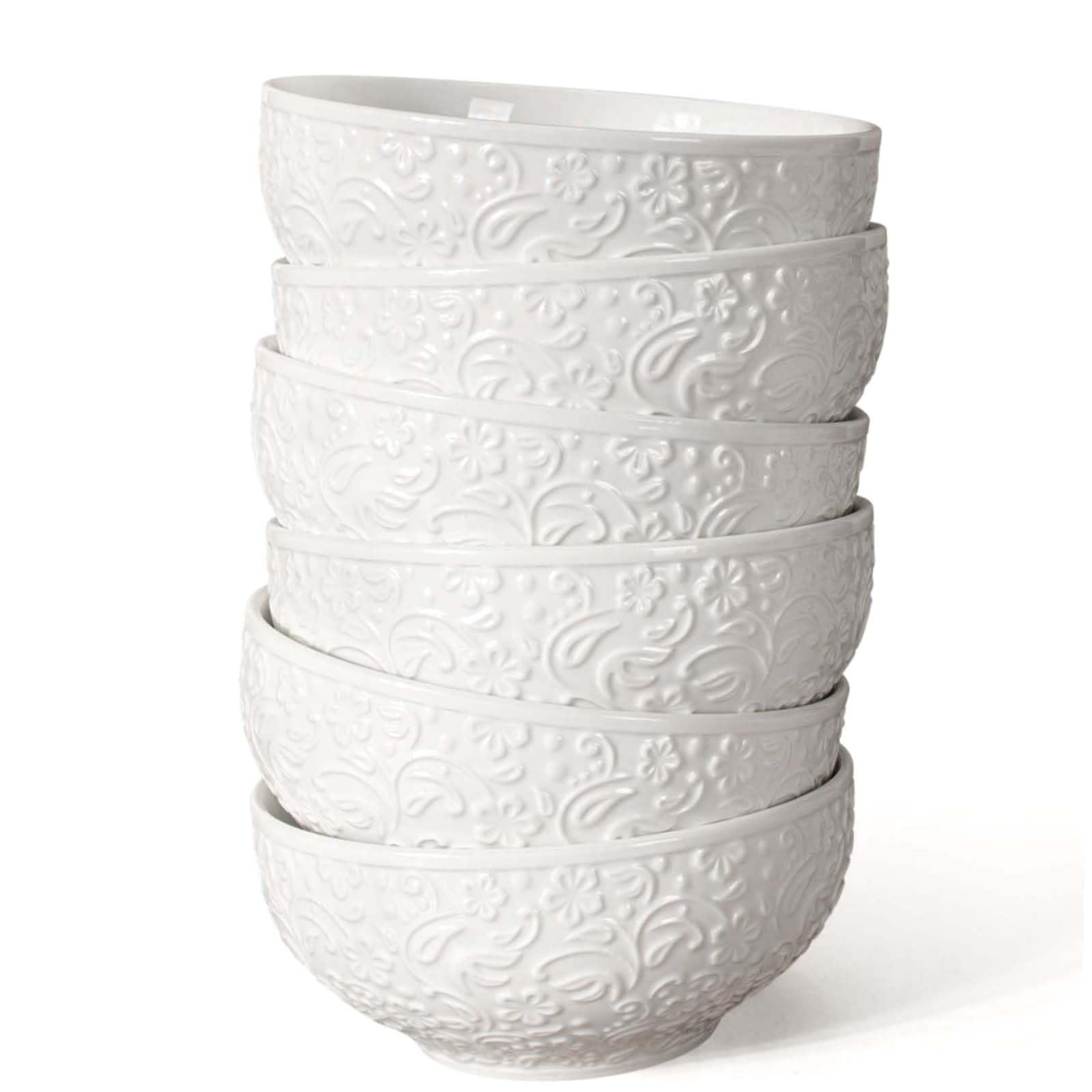 Artena 26oz Ceramic Bowls Set of 6 - Embossed Flower Design Soup & Cereal Bowls for Rice, Pasta, Salad | Microwave & Dishwasher Safe White Dinnerware | Perfect for Breakfast, Lunch, Dinner & Entertaining