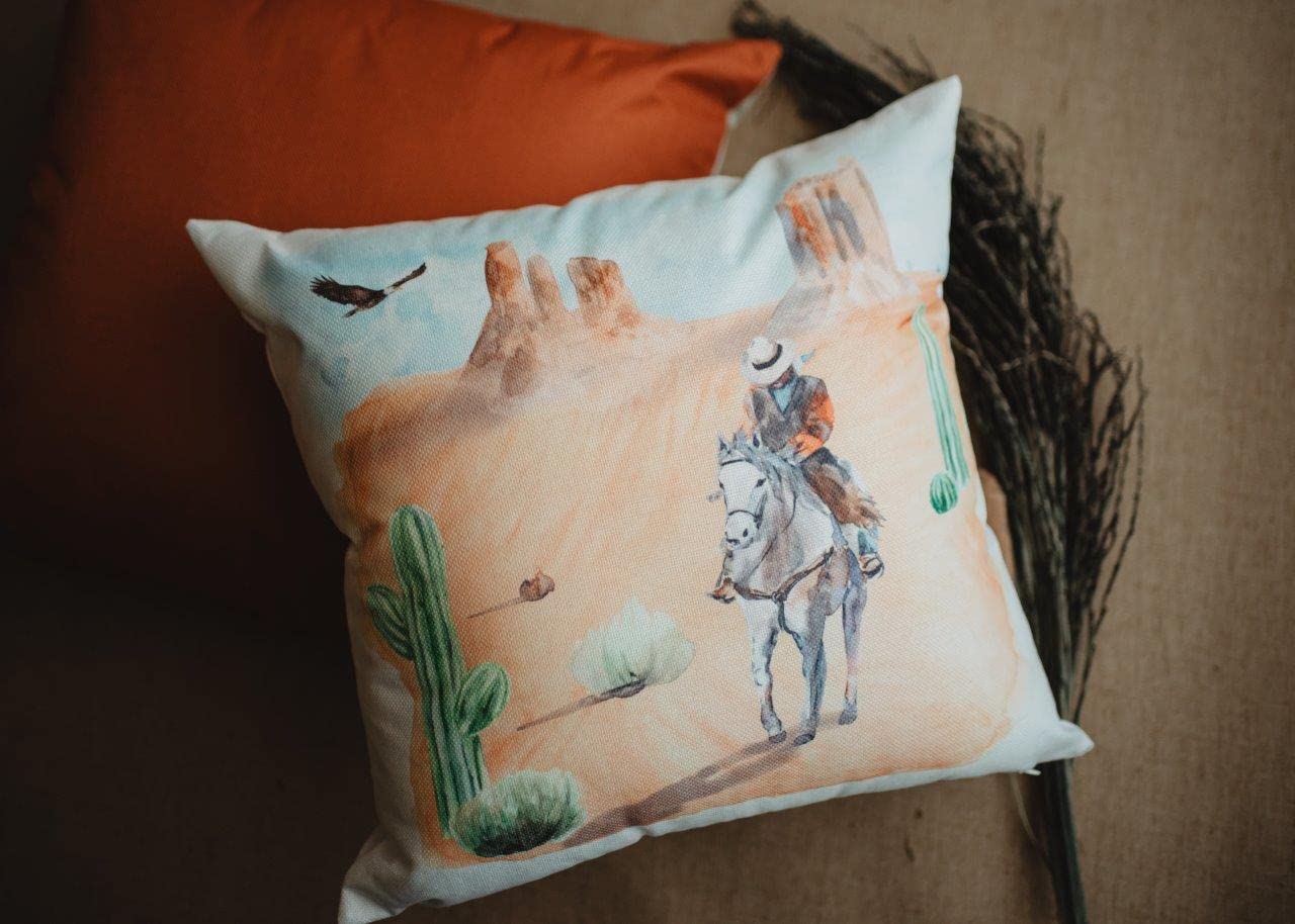 Canyon Cowboy Desert Art Painting - Arizona Landscape with Saguaro Cactus - Southwestern Home Decor Throw Pillow | Perfect for Living Room, Bedroom, or Western-Themed Gift