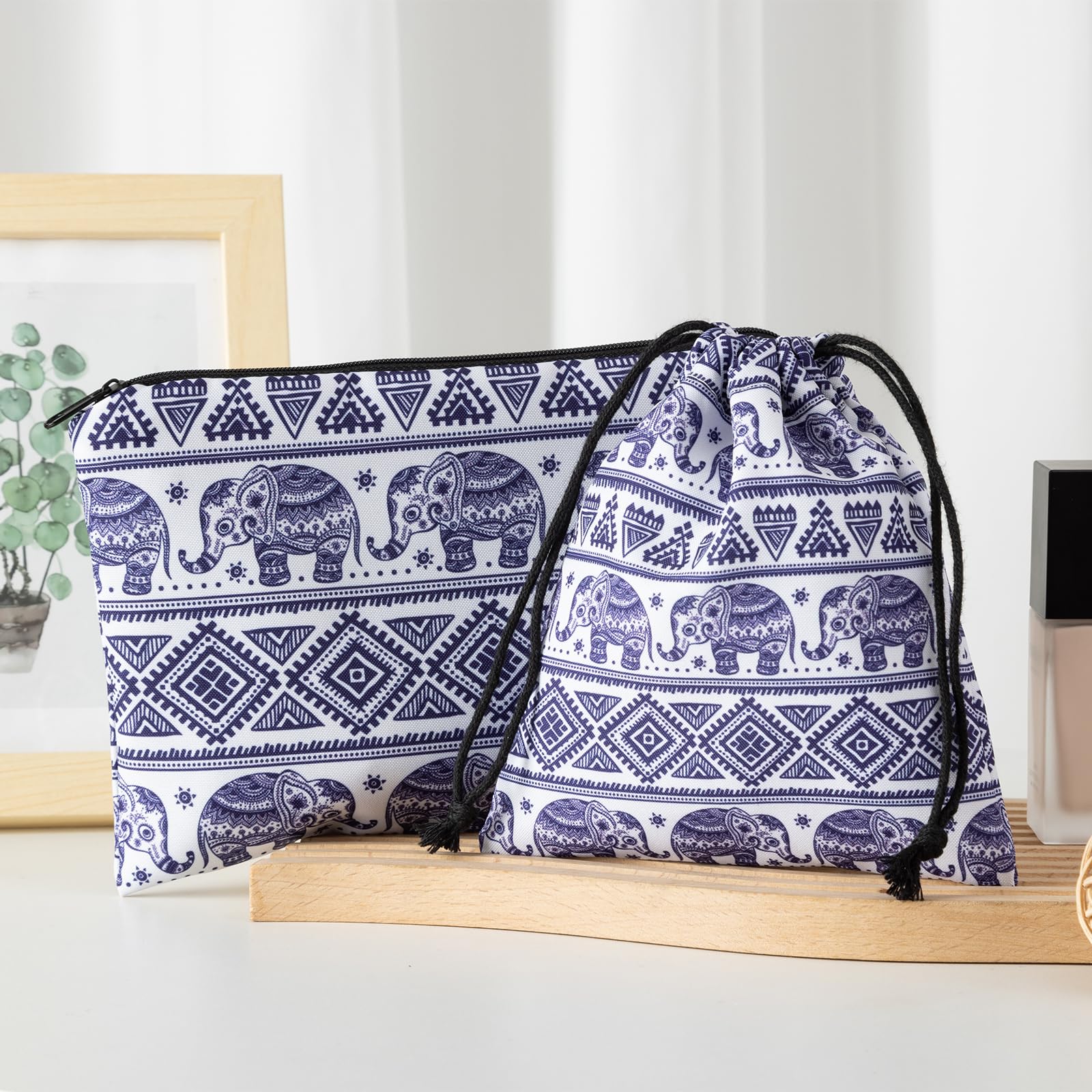 2pcs Elephant Print Makeup Bag and Drawstring Bag Set - Travel Cosmetic Organizer, Blue Zipper Pouch for Toiletries - Perfect for Women's Birthday Gifts, Best Friend Presents, Vacation Essentials & Daily Makeup Storage (Elephant Design)