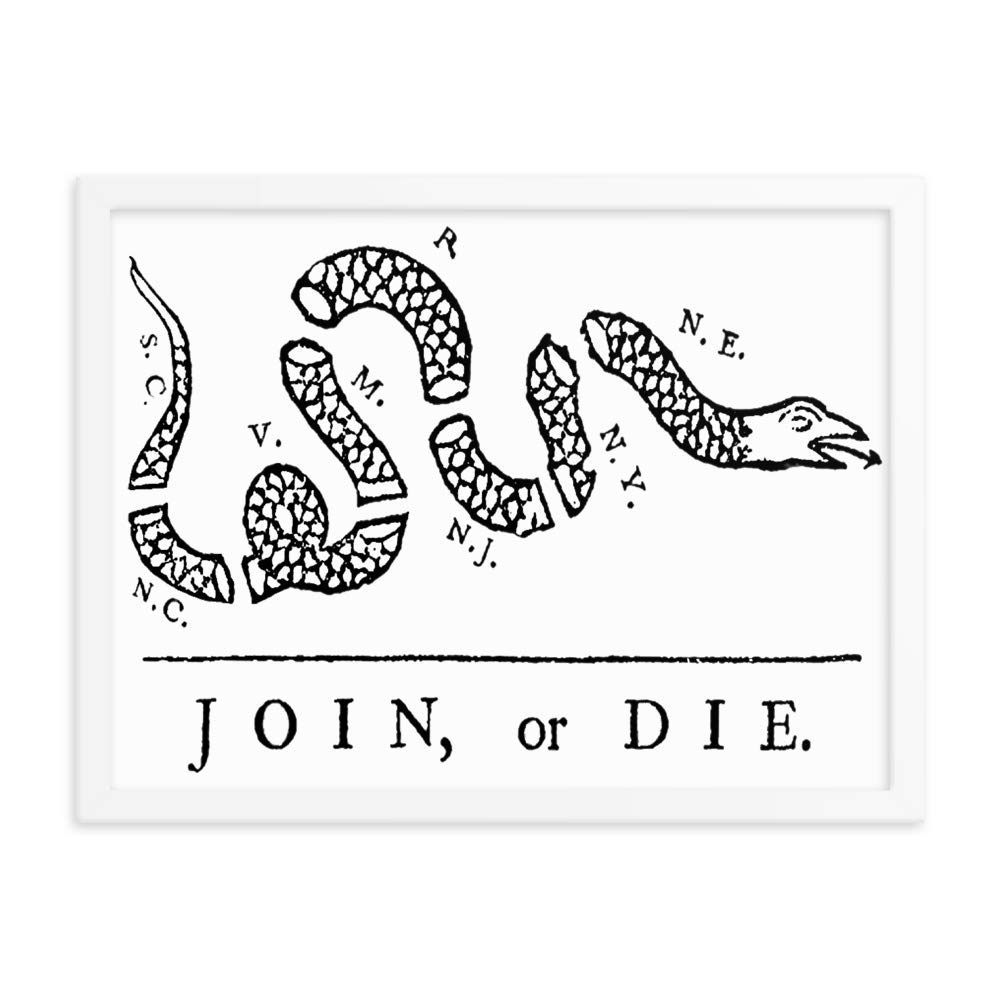 Vintage 'Join, or Die' Political Poster 1303 - 18x24 Inch Framed Art Print on Enhanced Matte Paper with White Frame - Perfect for Home Office, Classroom & Historical Decor