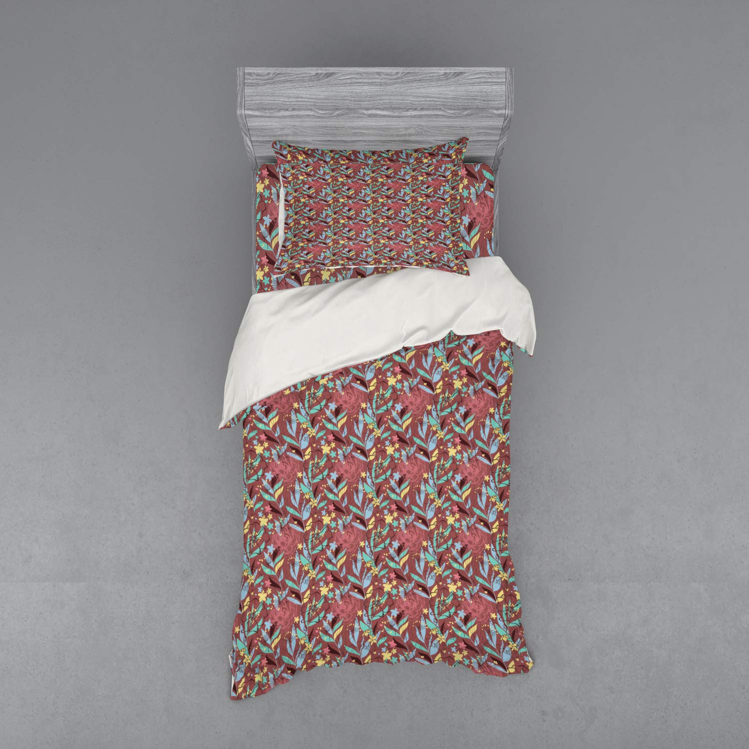 Ambesonne Floral Bedding Set - Colorful Botanical Garden Duvet Cover with Sham & Fitted Sheet, 3-Piece Twin Size, Nature Inspired Design for Home Decor | Perfect for Spring Refresh & Cozy Bedroom Makeover