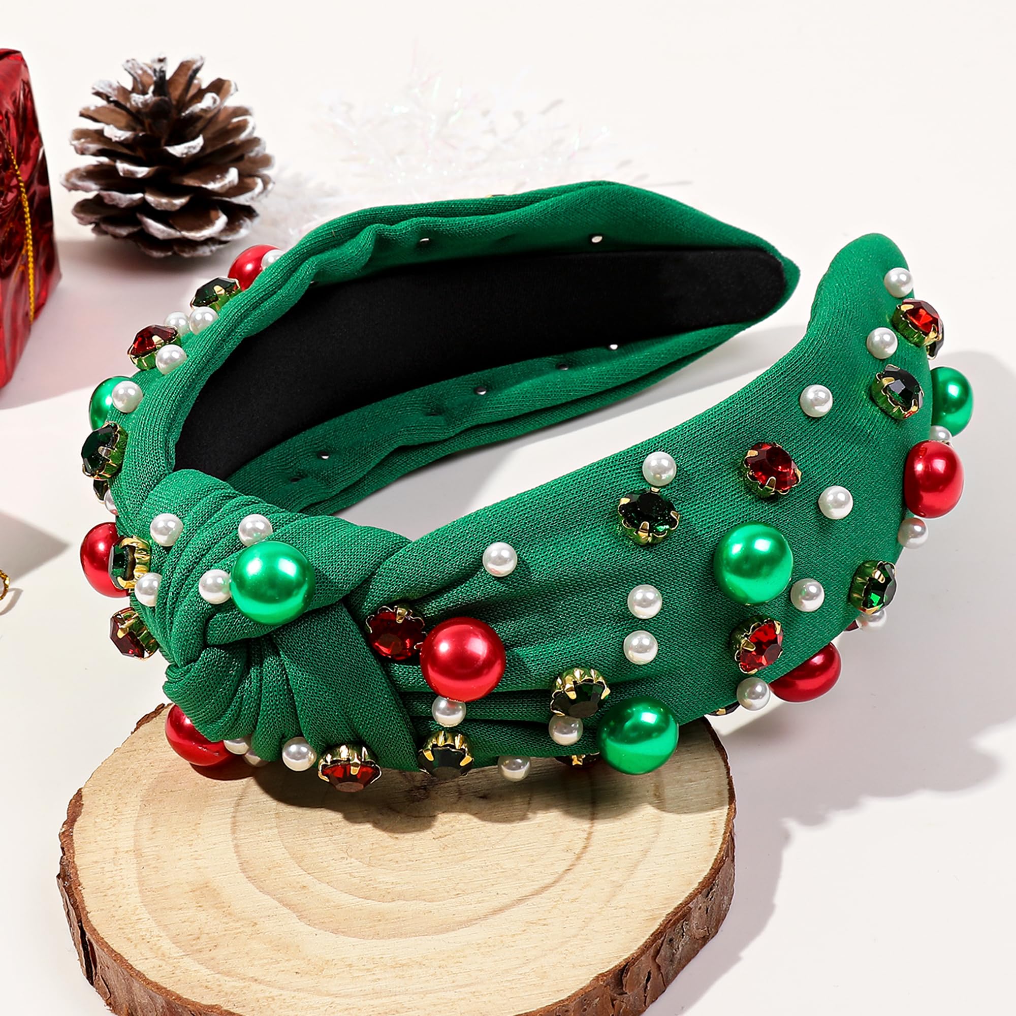 Elegant Christmas Headbands for Women & Girls - Green Jeweled Pearl Sparkly Headband Hair Accessories | Perfect for Holiday Parties, Festive Gatherings & Christmas Photos