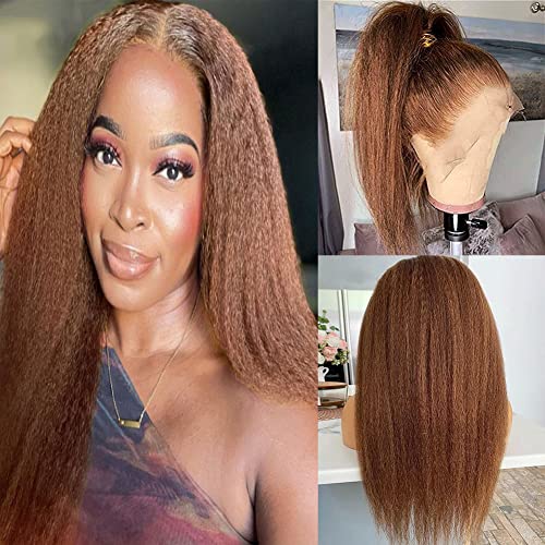 13x4 Yaki Straight Human Hair Wig for Black Women - Brazilian Remy Hair Lace Frontal Wig with Baby Hair (150% Density, 20 Inch, Brown) - Perfect for Daily Wear, Parties & Special Occasions