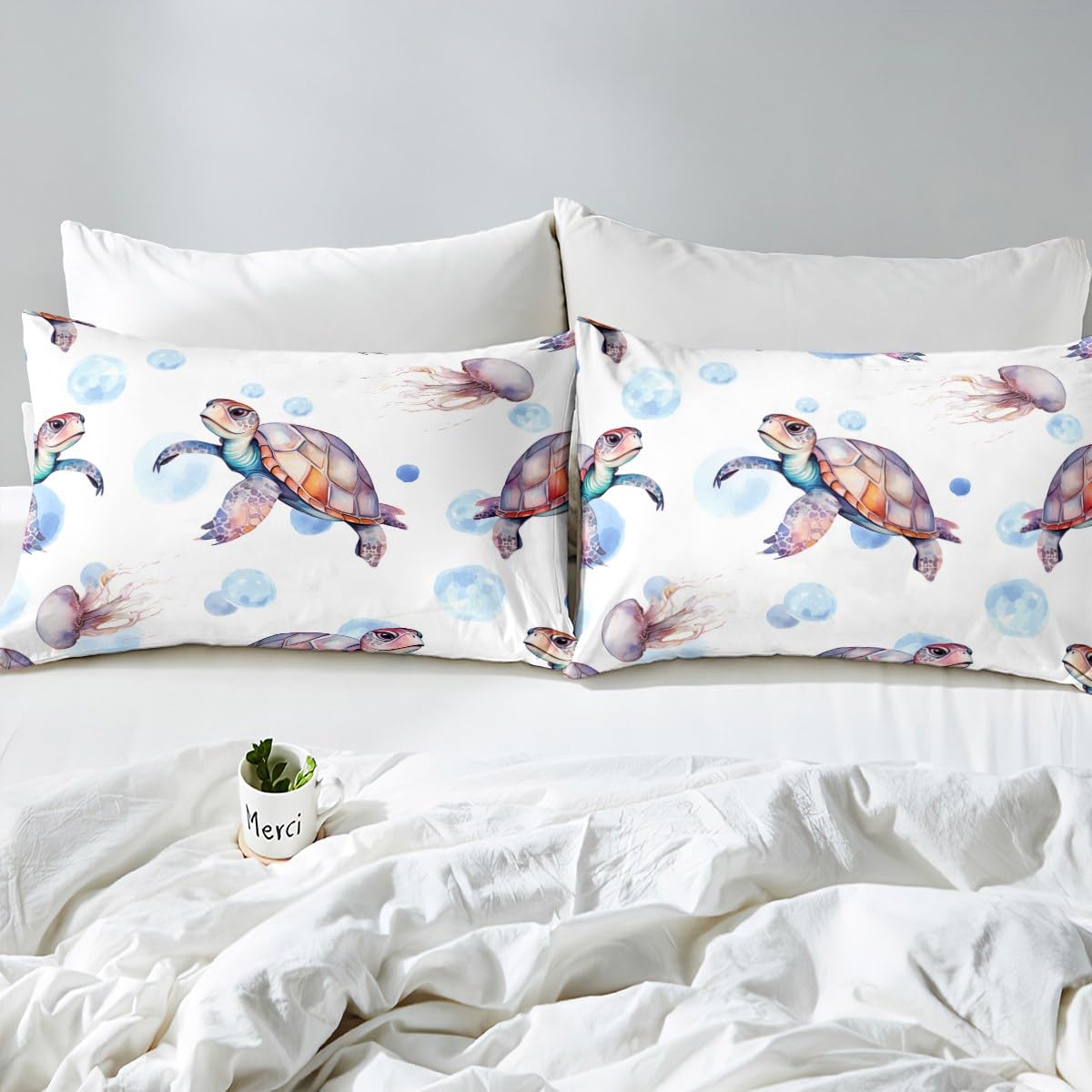 Erosebridal King Size Turtle Bedding Set - White & Pink Hawaiian Duvet Cover, Beach Theme Quilt with Underwater Turtle Design | Perfect for Kids' Bedrooms, Summer Decor & Coastal-Themed Homes