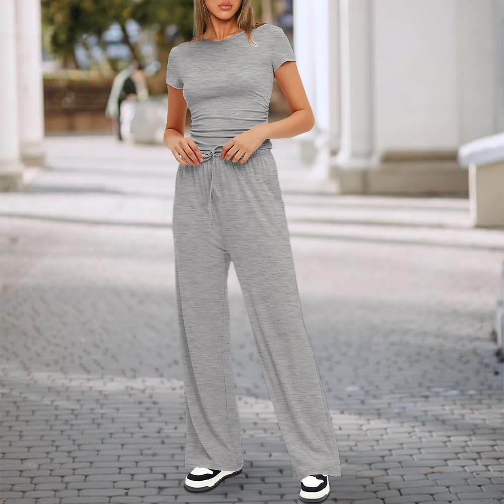 IYOWEL Women's 2 Piece Lounge Set - Ruched Short Sleeve Top & High Waisted Wide Leg Pants Tracksuit - Casual Streetwear Outfit for Home, Travel & Yoga