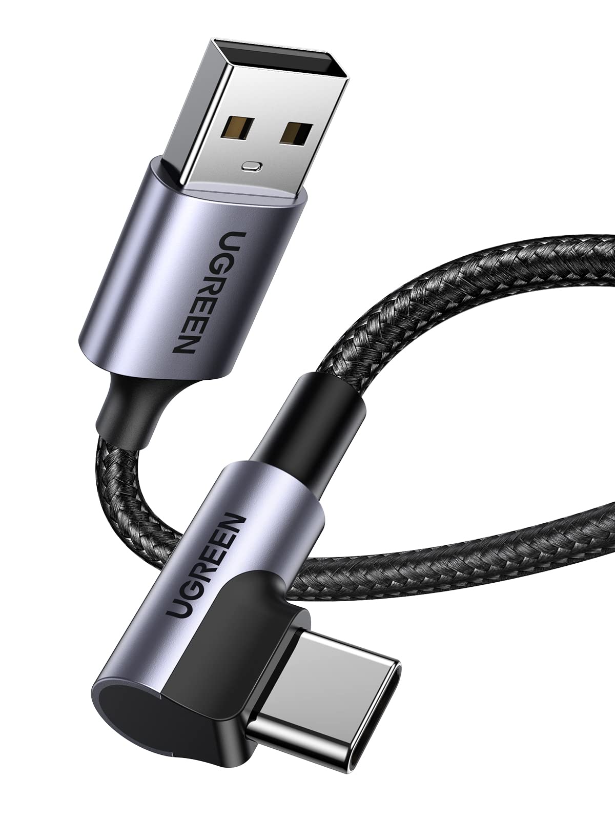 UGREEN 90 Degree Right Angle USB A to USB C Cable 3A Fast Charging Cable (6.6ft/2M) - Compatible with iPhone 16/15, Samsung Galaxy S24/S23 Ultra, Xiaomi 13, Google Pixel 7/6, Huawei P60/P50 Pro, Nintendo Switch & PS5 - Perfect for Gaming, Travel & Home Charging
