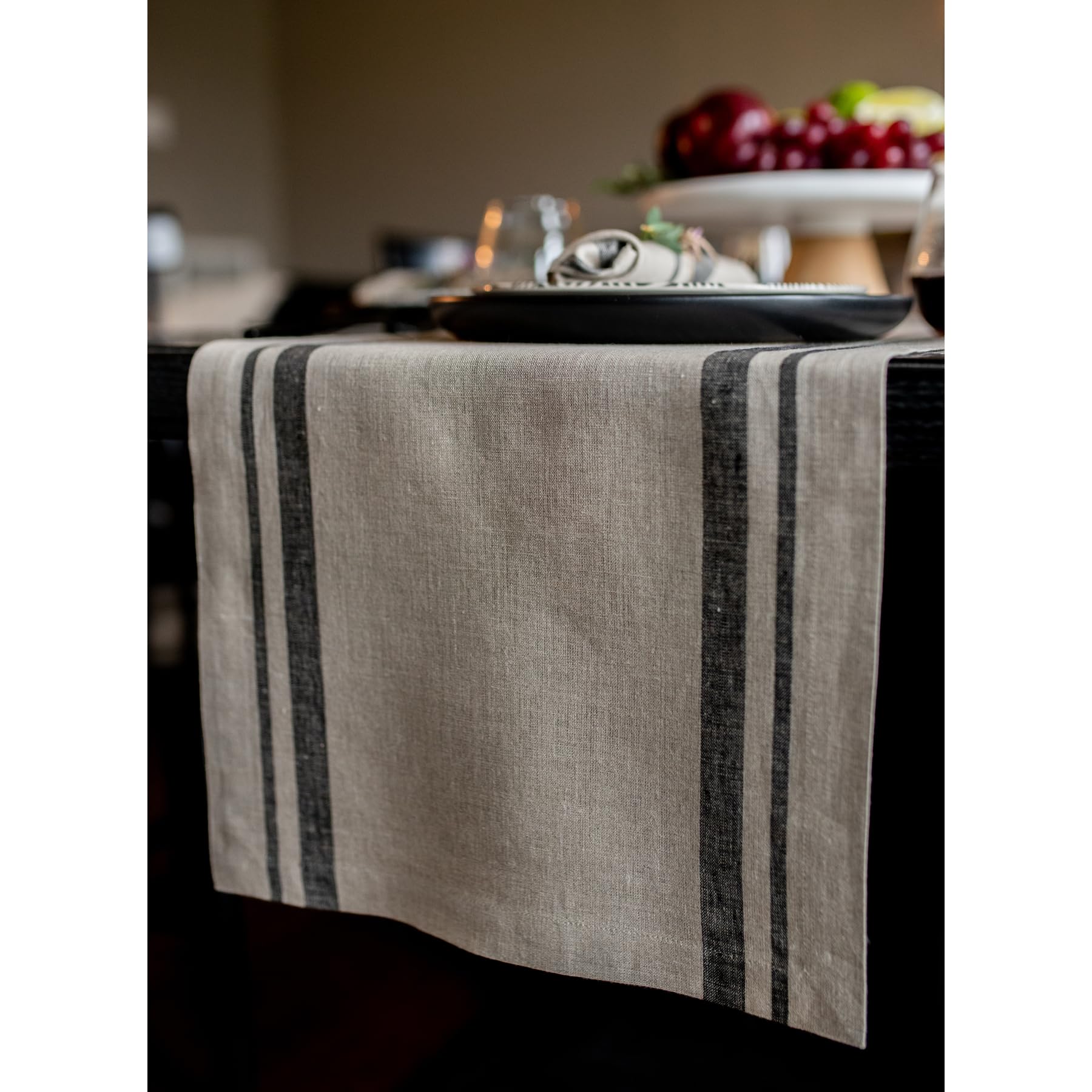 French Stripe Linen Table Runner 14x48 Inch - 100% Pure Linen for Coffee & Dining Tables
