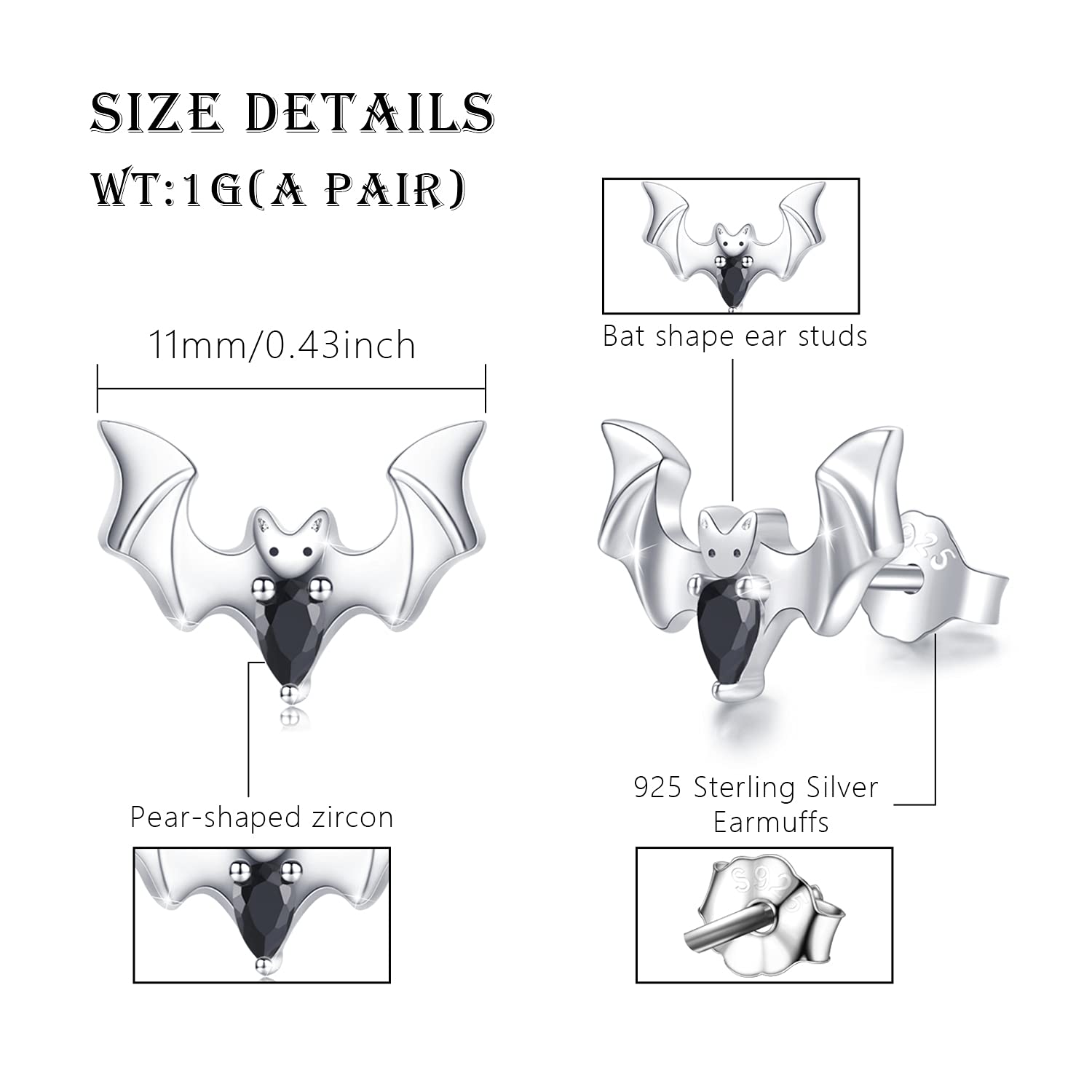 Halloween Bat Stud Earrings - S925 Sterling Silver Hypoallergenic Jewelry | Cute Animal Earrings for Women, Girls, Girlfriend, Wife & Daughter | Perfect for Costume Parties, Gothic Fashion & Everyday Wear