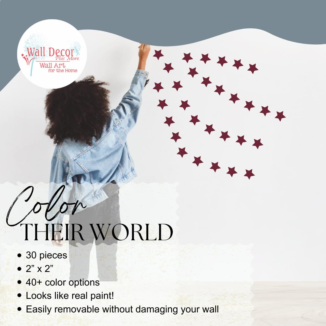 2-Inch Burgundy Star Decal Set - 30pc Removable Peel and Stick Wall Stickers for Kids Room, Classroom & Bathroom Decor - Perfect for DIY Art Projects, Nursery Accents and Home Decoration
