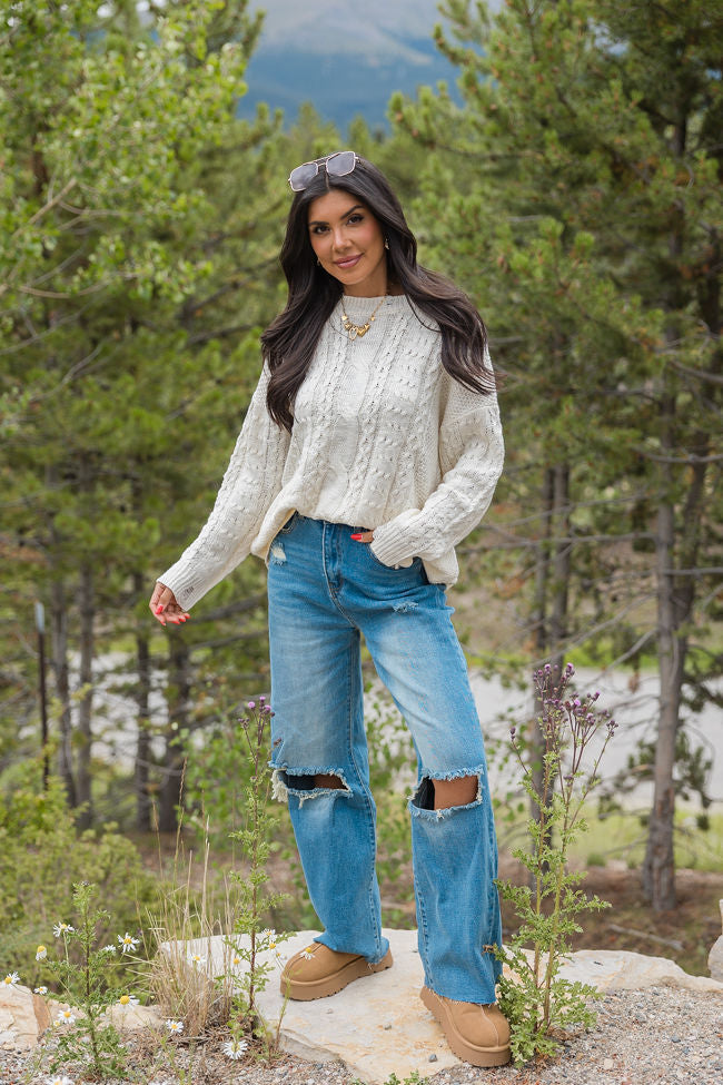 That's The Spirit Ivory Cable Knit Distressed Oversized Sweater - Cozy Winter Pullover for Women | Perfect for Casual Outings, Coffee Dates & Fall Layering