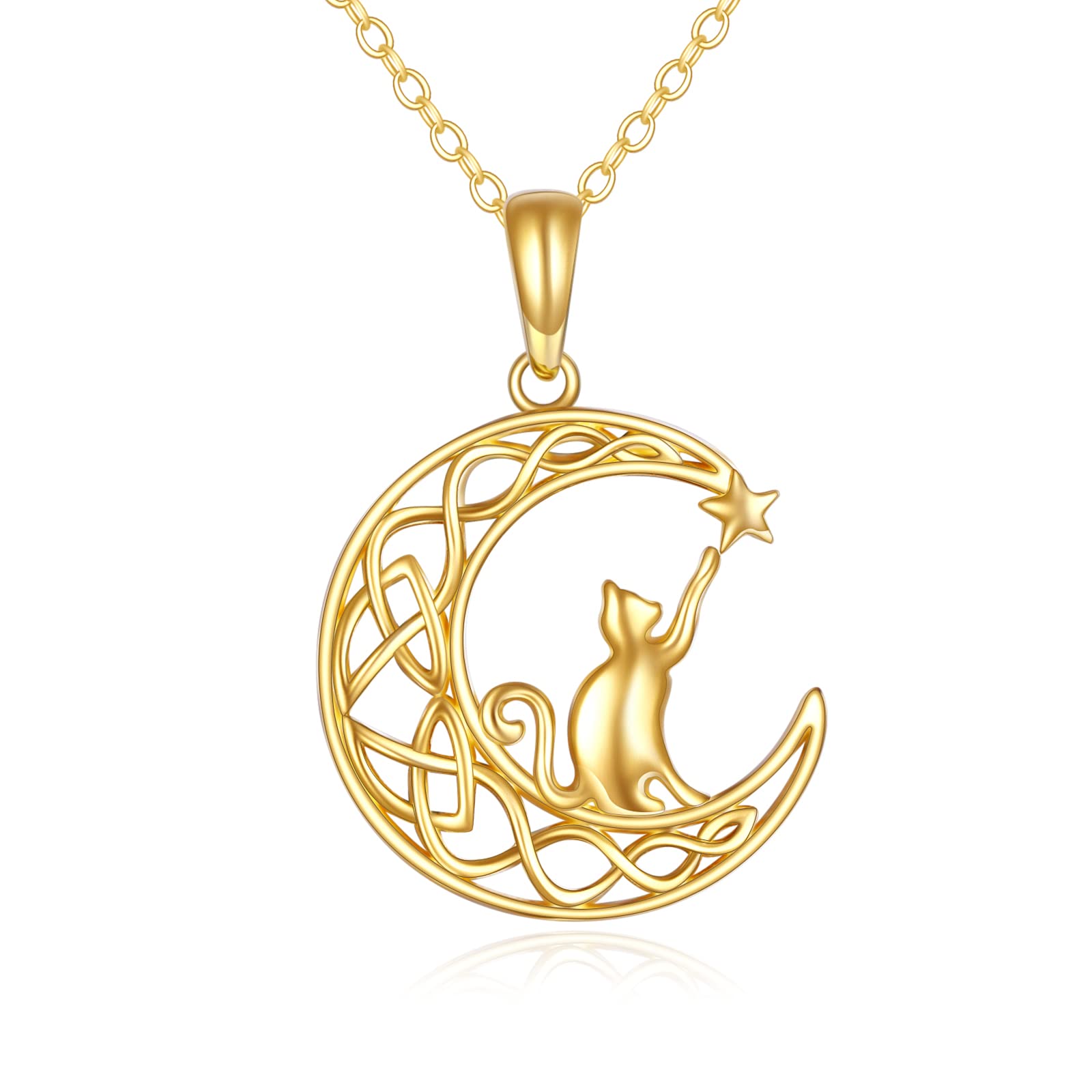 14K Solid Gold Cat Necklace for Women - Elegant Moon Pendant Jewelry, Dainty 16