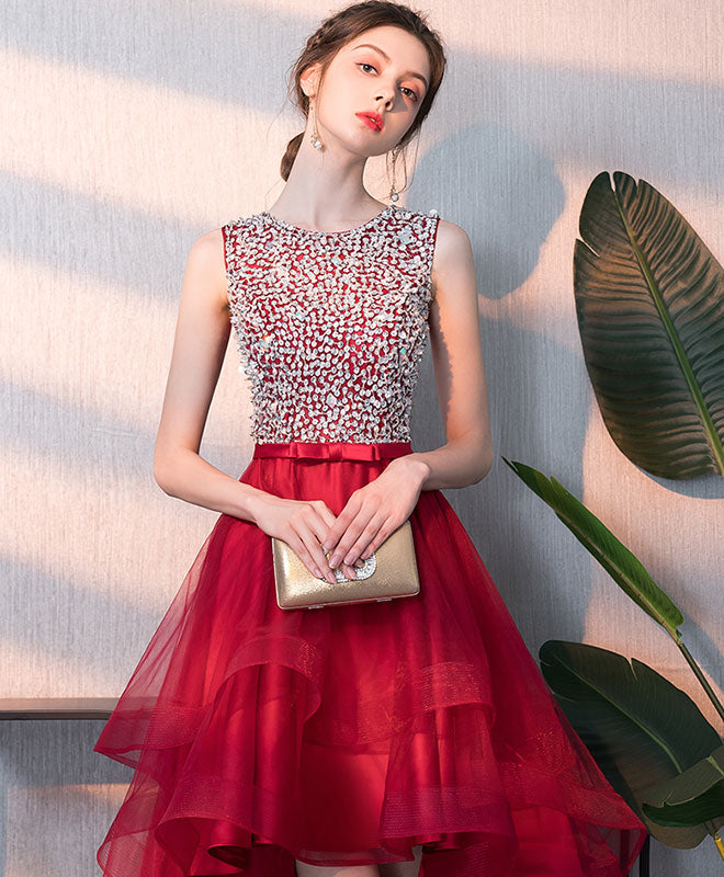 Elegant Burgundy Tulle Sequin Short Prom Dress with Round Neckline - Perfect for Homecoming, Parties & Special Occasions