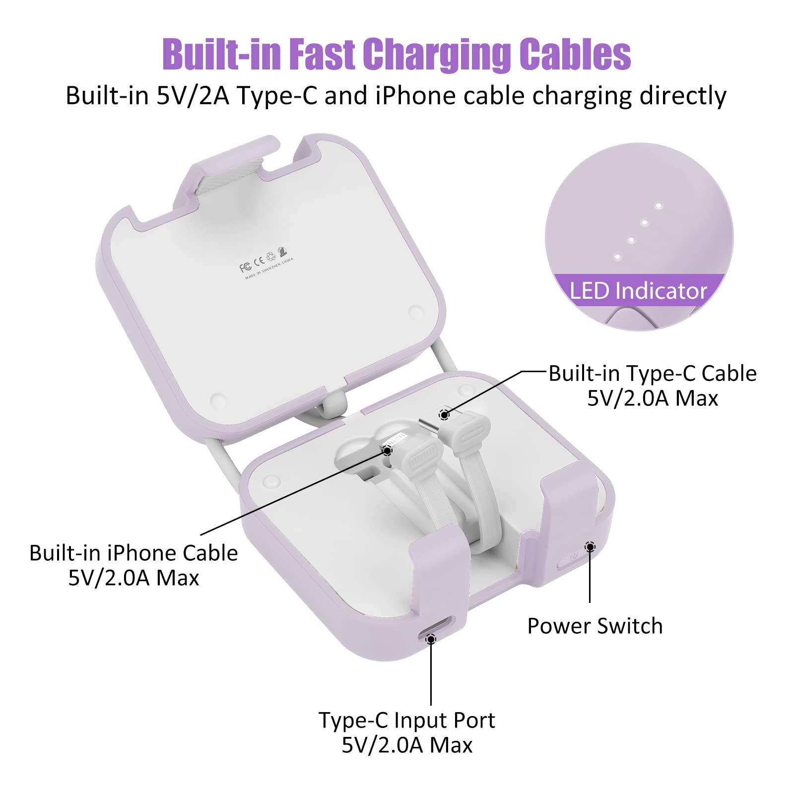 Portable Charger 4000mAh - Mini Power Bank with Built-in USB C Cable, Fast Charging External Battery Pack for iPhone 15/14/13, Samsung Galaxy S23/S22, Google Pixel 7/6 - Ultra Compact & Lightweight - Purple (Perfect for Travel, Camping, and Emergency Power Backup)