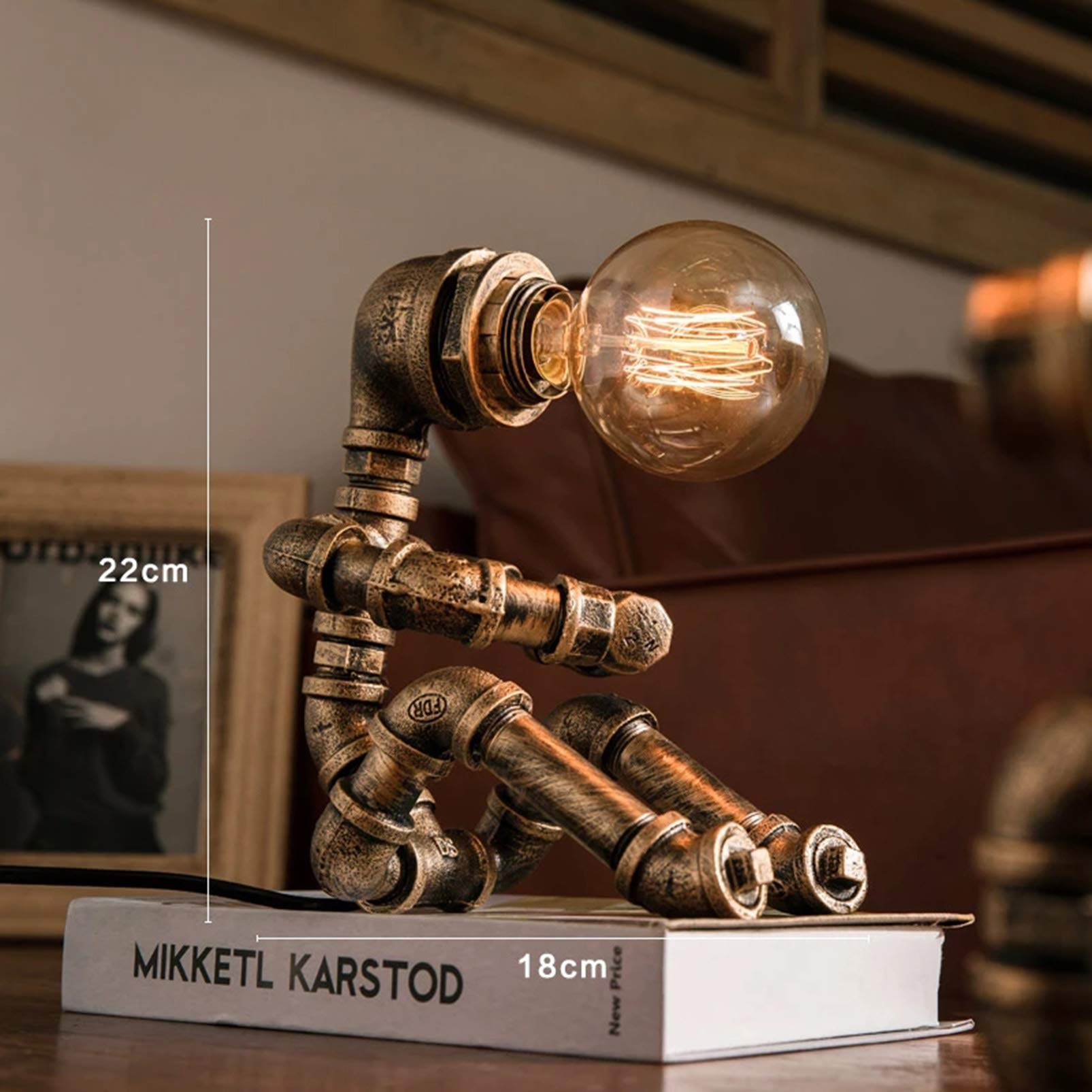 Vintage Industrial Desk Lamp - Retro Robot Night Light for Bedroom, Bar & Restaurant - Creative Water Pipe Design with Button Switch - Perfect for Home Office, Study & Reading