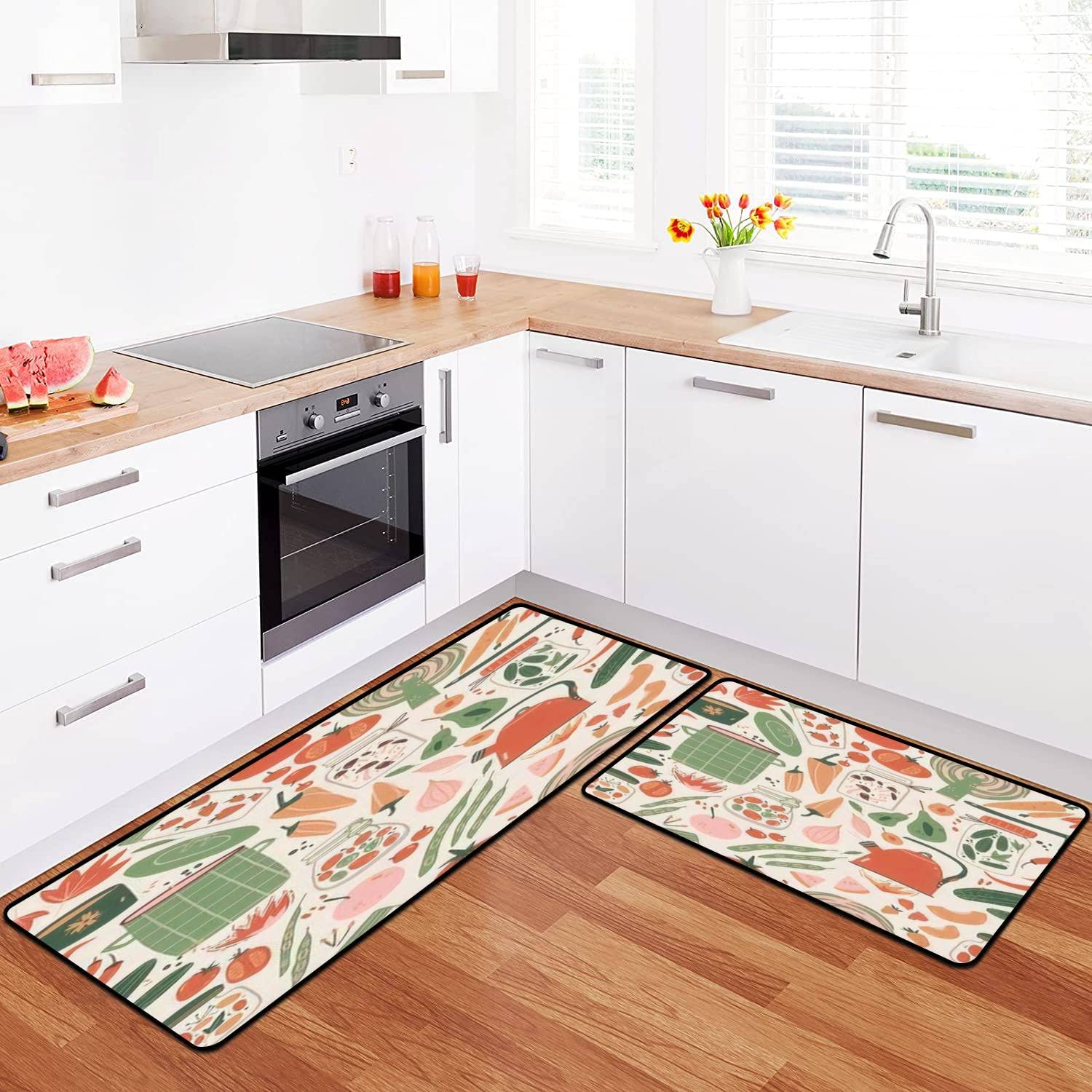 Non-Slip Washable Kitchen Rugs Set - 3-Piece Canning & Food Prep Mats with Seamless Design for Floors, Jars, Fruits - Anti-Fatigue Standing Mat, Decor Runner for Kitchen, Bath & Entryway - Perfect for Cooking, Canning & Comfortable Standing