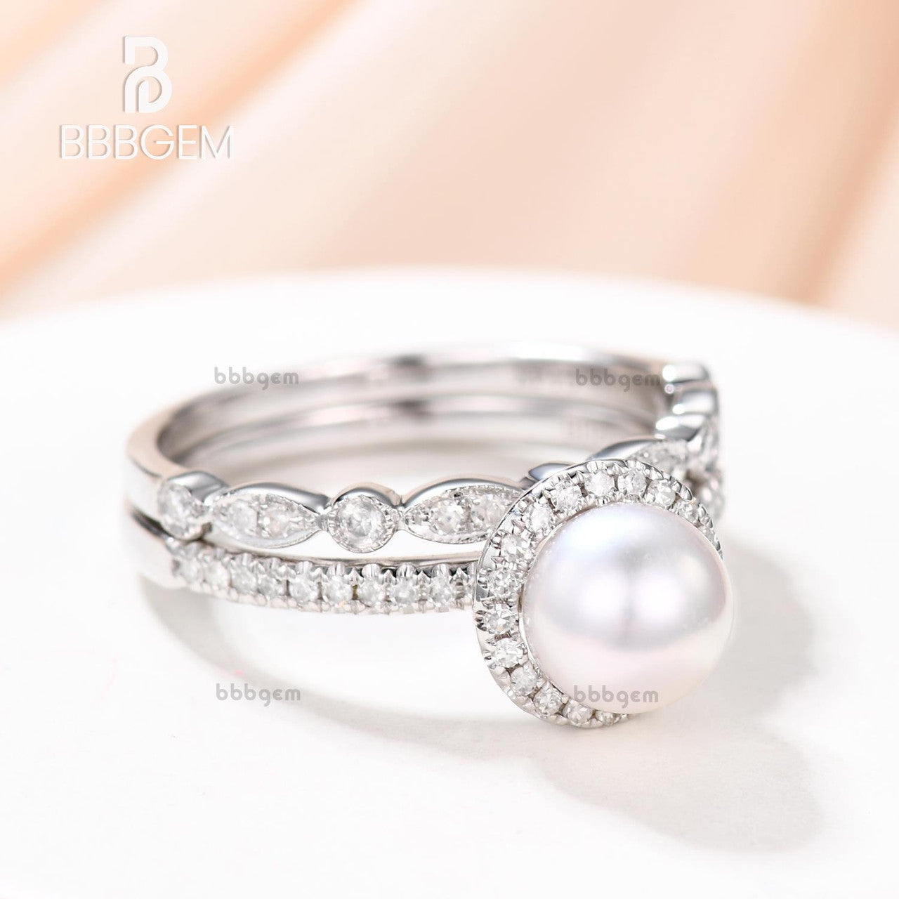 Exquisite Akoya Pearl & Diamond Engagement Ring Set in Rose Gold - Art Deco Vintage Wedding Band for Women, Bridal Jewelry Set, Anniversary Gift, 2-Piece Halo Eternity Ring (Perfect for Proposals, Weddings & Romantic Occasions)