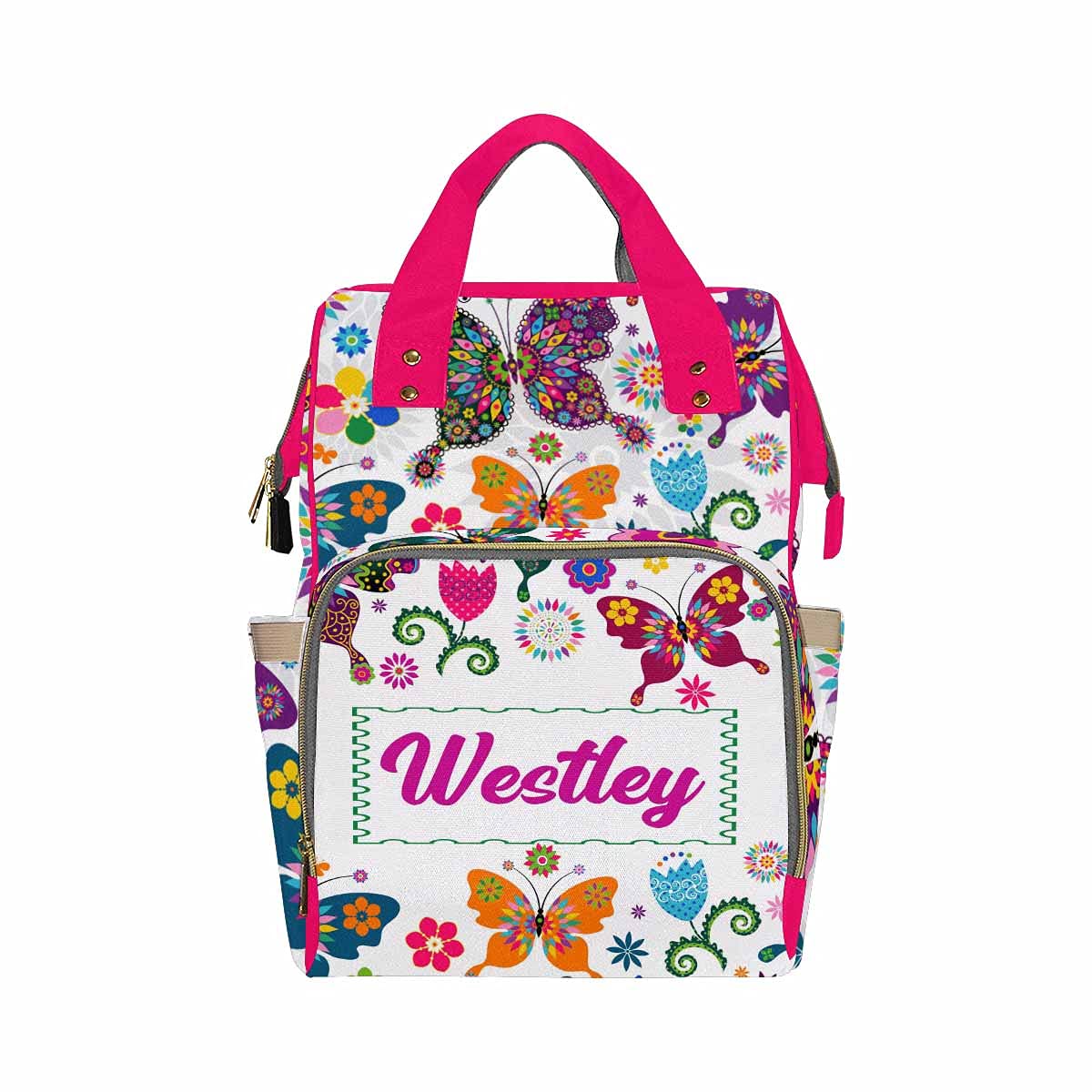 Personalized Diaper Backpack for Moms - Custom Name Pink Floral Butterfly Nursing Bag, Waterproof Multifunctional Baby Diaper Daypack for Travel, Baby Shower Gifts | Perfect for New Moms, Daycare & Family Outings