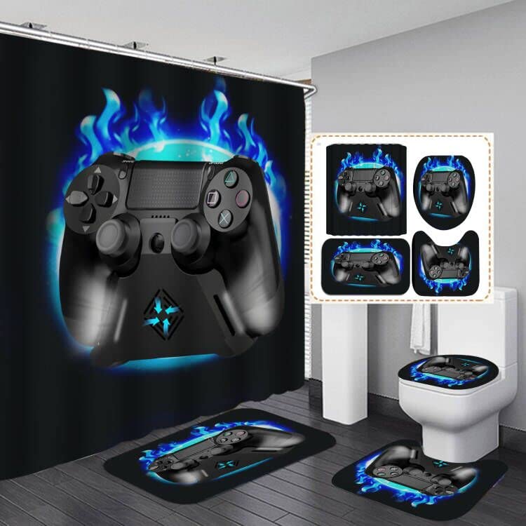 Gamer Shower Curtain Set - Blue Flame & Black Gamepad Printed Video Game Bathroom Decor for Teens (72x72 Inch) | Perfect for Gaming Themed Bathrooms & Gamer Gifts