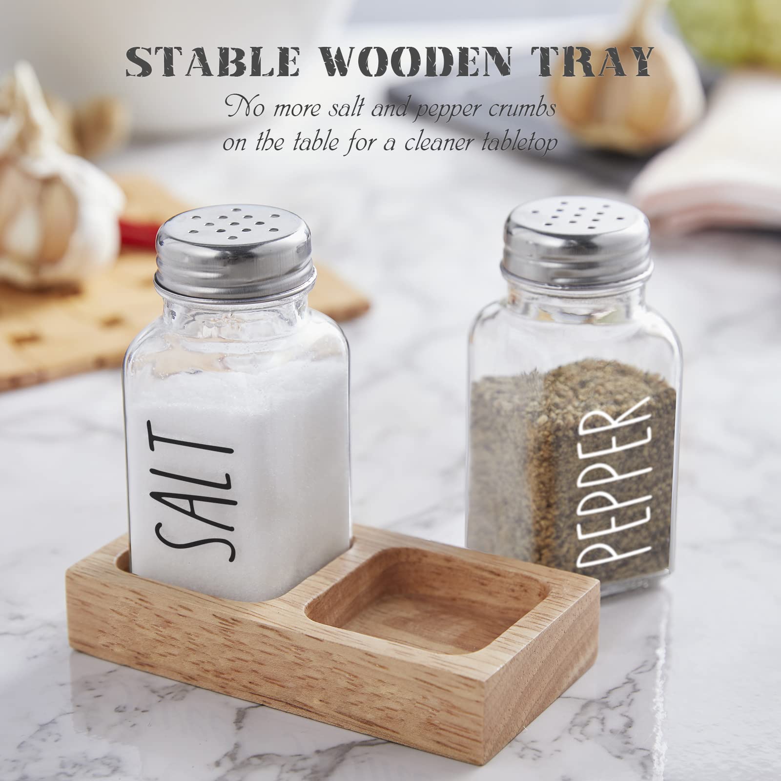 Dopeca Clear Glass Salt and Pepper Shakers Set with Wooden Holder - 2.7 oz Refillable Kitchen Seasoning Dispenser for Countertop or Dining Table - Perfect Wedding Gift & Home Decor Accessory - Ideal for Everyday Cooking, Entertaining, and Restaurant Use