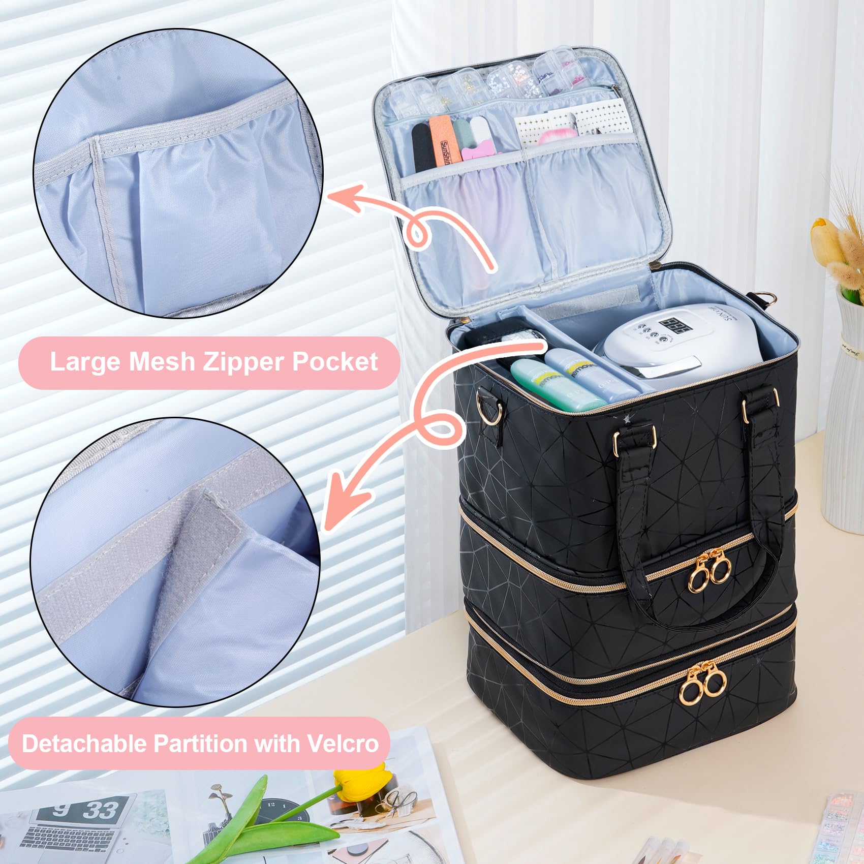Uross 60 Bottle Nail Polish Organizer Bag - Professional Nail Tech Storage Case for Polish & Nail Art Supplies (Black) - Perfect for Salon, Travel & Home Organization