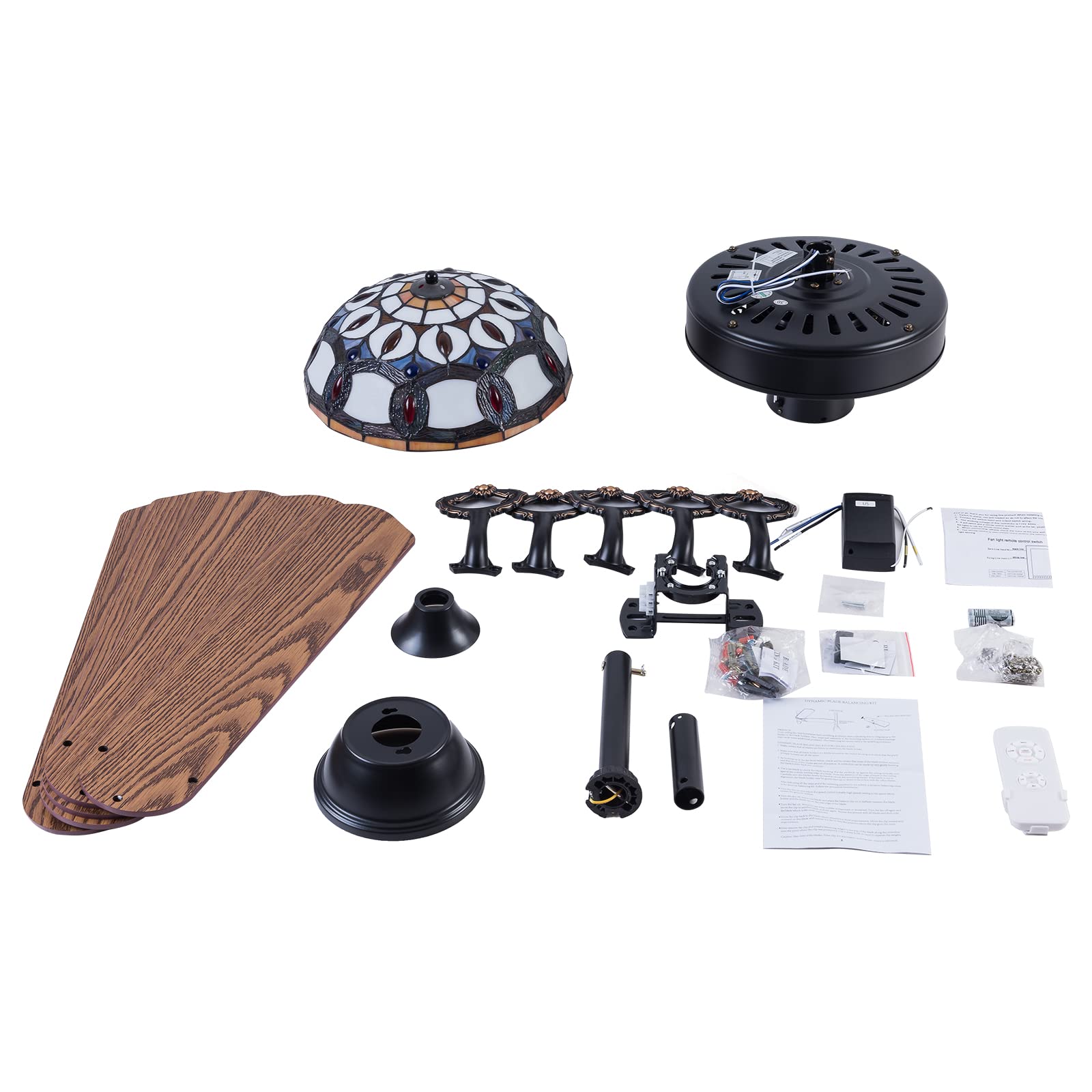 52 Inch Tiffany Style Ceiling Fan with LED Lights and Remote Control - Traditional Low Profile Wooden Blades, 5 Reversible Mid-Century Design - Perfect for Living Room, Bedroom, Kitchen and Office Spaces