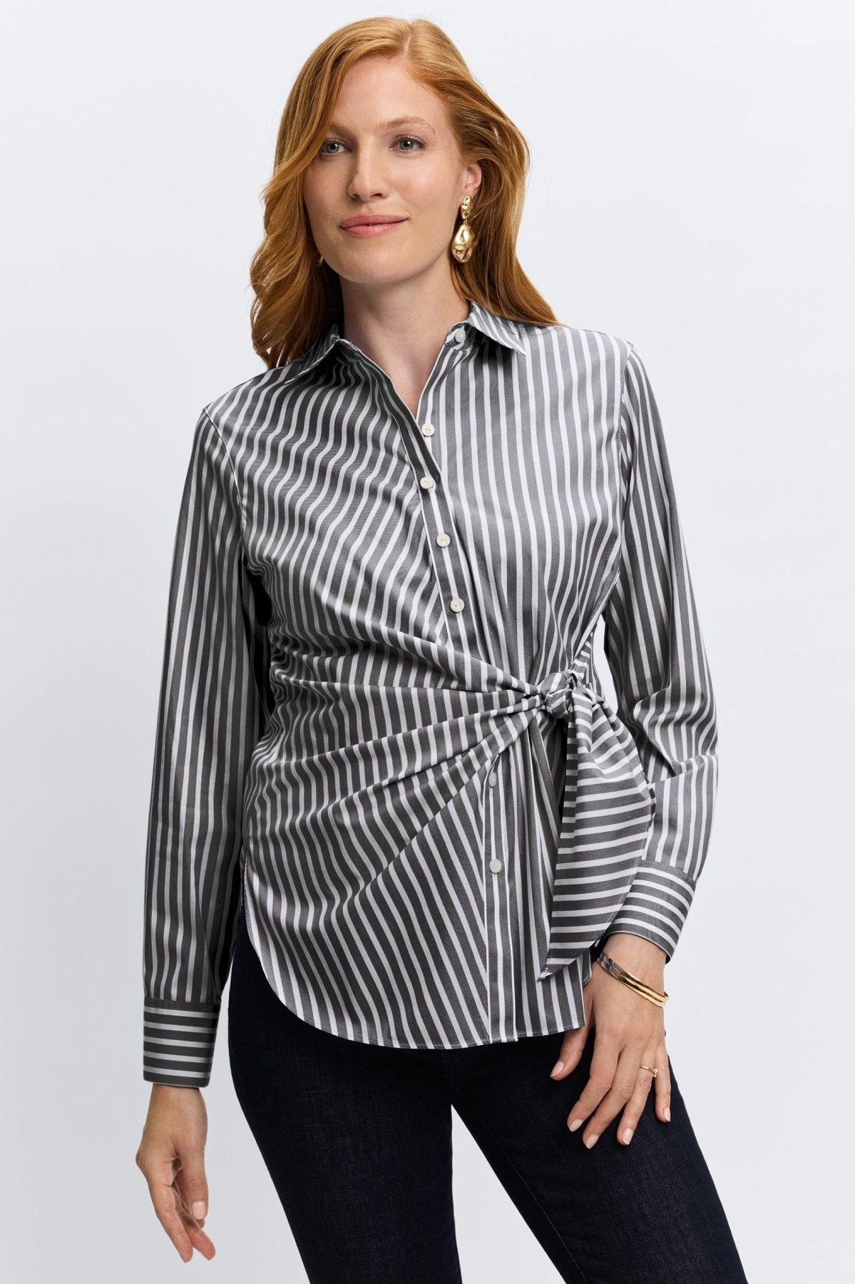 Sabine No Iron Stretch Stripe Tie Long Sleeve Shirt for Women - Wrinkle-Free Office Wear & Business Casual Outfits