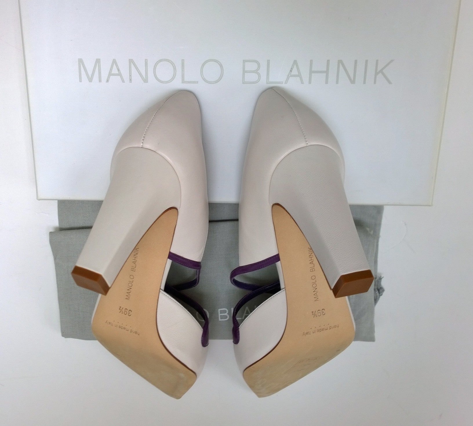 Manolo Blahnik Husnu 90 Block Heels - Cream Grey Leather Cutout Pumps for Women | Perfect for Weddings, Parties & Evening Events