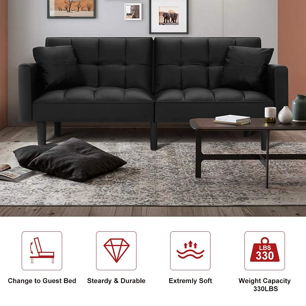 Modern Leather Convertible Futon Sofa Bed - Adjustable Back Recliner with Armrests - Folding Couch for Small Spaces - Black - Perfect for Living Rooms, Apartments & Guest Rooms