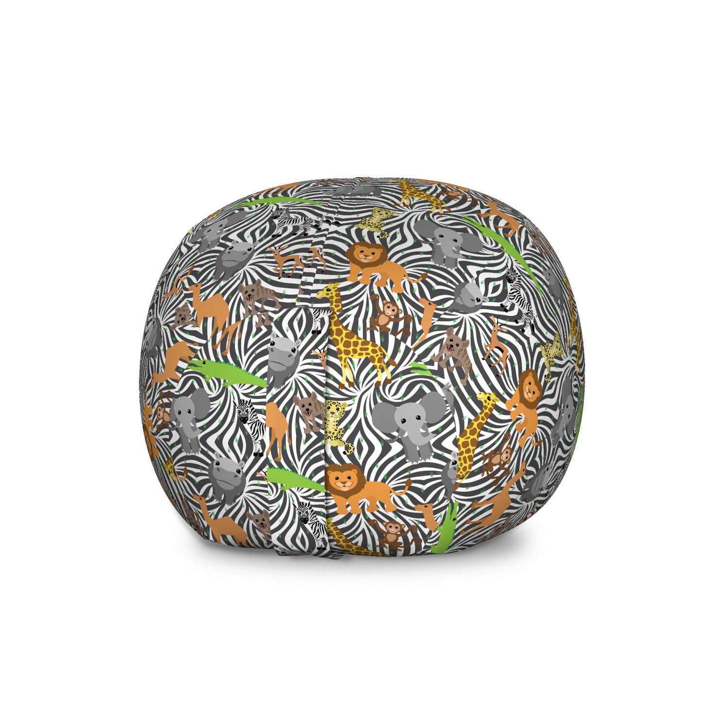 Lunarable Alligator Print Toy Storage Bag Chair - Large Washable Stuffed Animal Organizer with Zebra, Tiger, Camel & Monkey Designs | Perfect for Kids' Room, Playroom & Nursery Organization