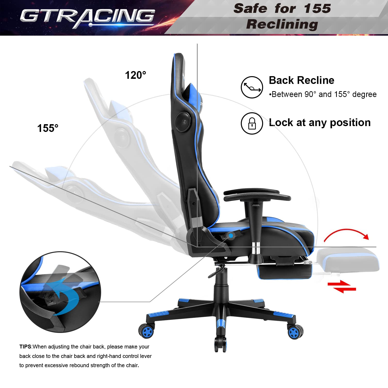 GTRACING Ergonomic Gaming Chair with Adjustable Footrest & Bluetooth Speakers - Heavy Duty Computer Office Desk Chair for Video Games & Work (Blue) - Perfect for Gaming, Streaming & Home Office Use