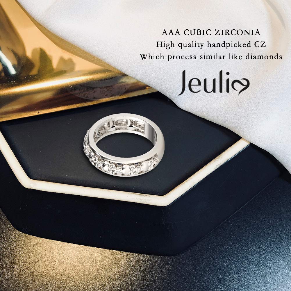 Jeulia 925 Sterling Silver Jack Skellington Wedding Band Ring - Nightmare Before Christmas Skull Ring with CZ Solitaire - Halloween Jewelry, Anniversary Gift, Christmas Present for Him/Her - Perfect for Cosplay, Gothic Fashion & Holiday Celebrations