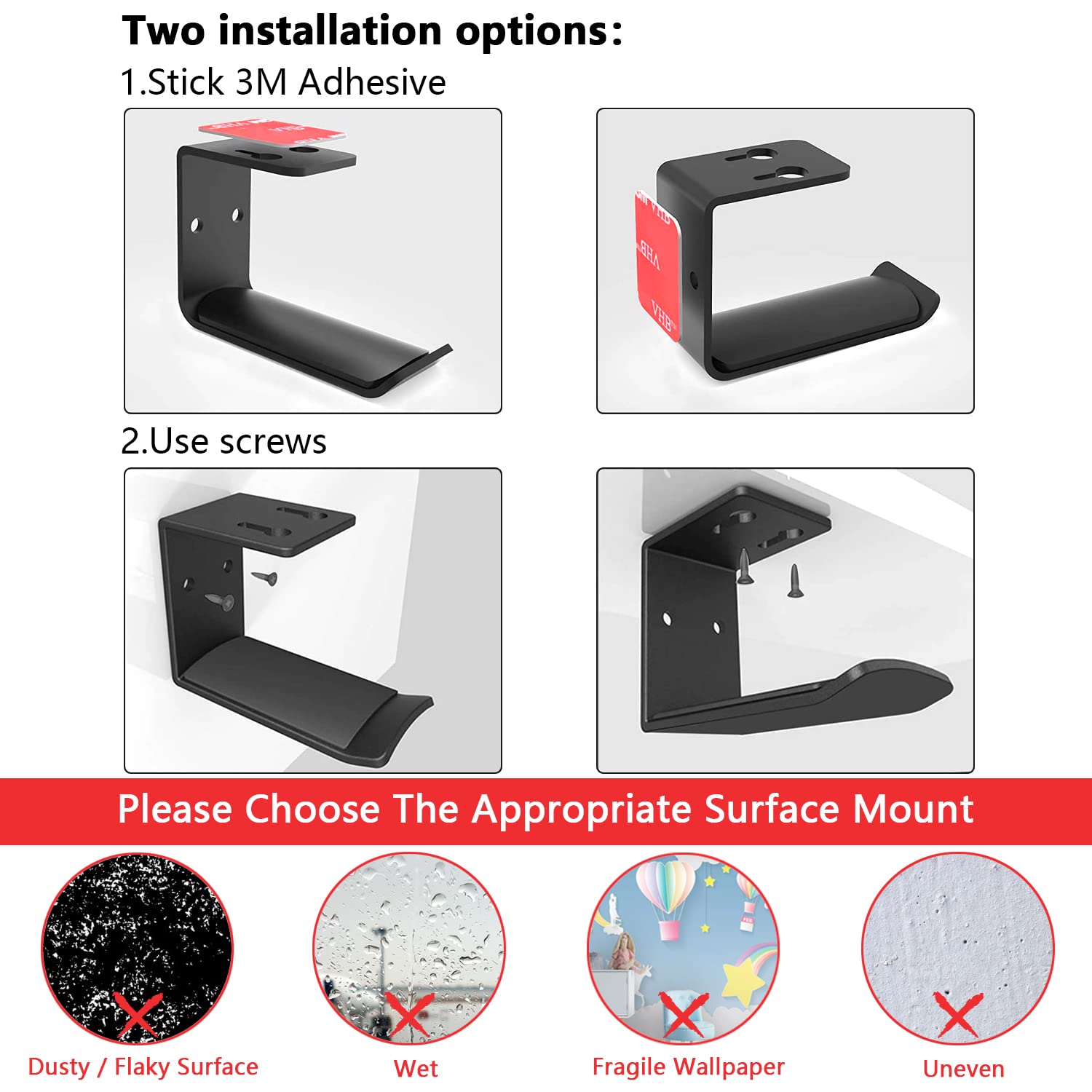 Libershine 2-Pack Headset Stand Holder with Strong Adhesive - Gaming Headphone Hook for Desk/Wall/Table - Perfect for Organizing Headphones, Cables & Controllers in Home Office & Gaming Setup