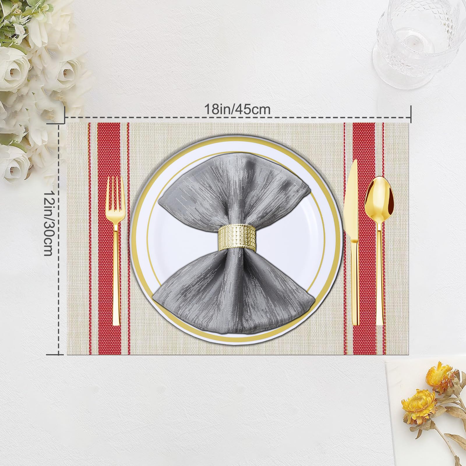 Boho Woven Placemats Set of 6 - Waterproof Vinyl Table Mats for Dining, Indoor & Outdoor Use - Red Lines Design for Kitchen, Patio, and Party Decor