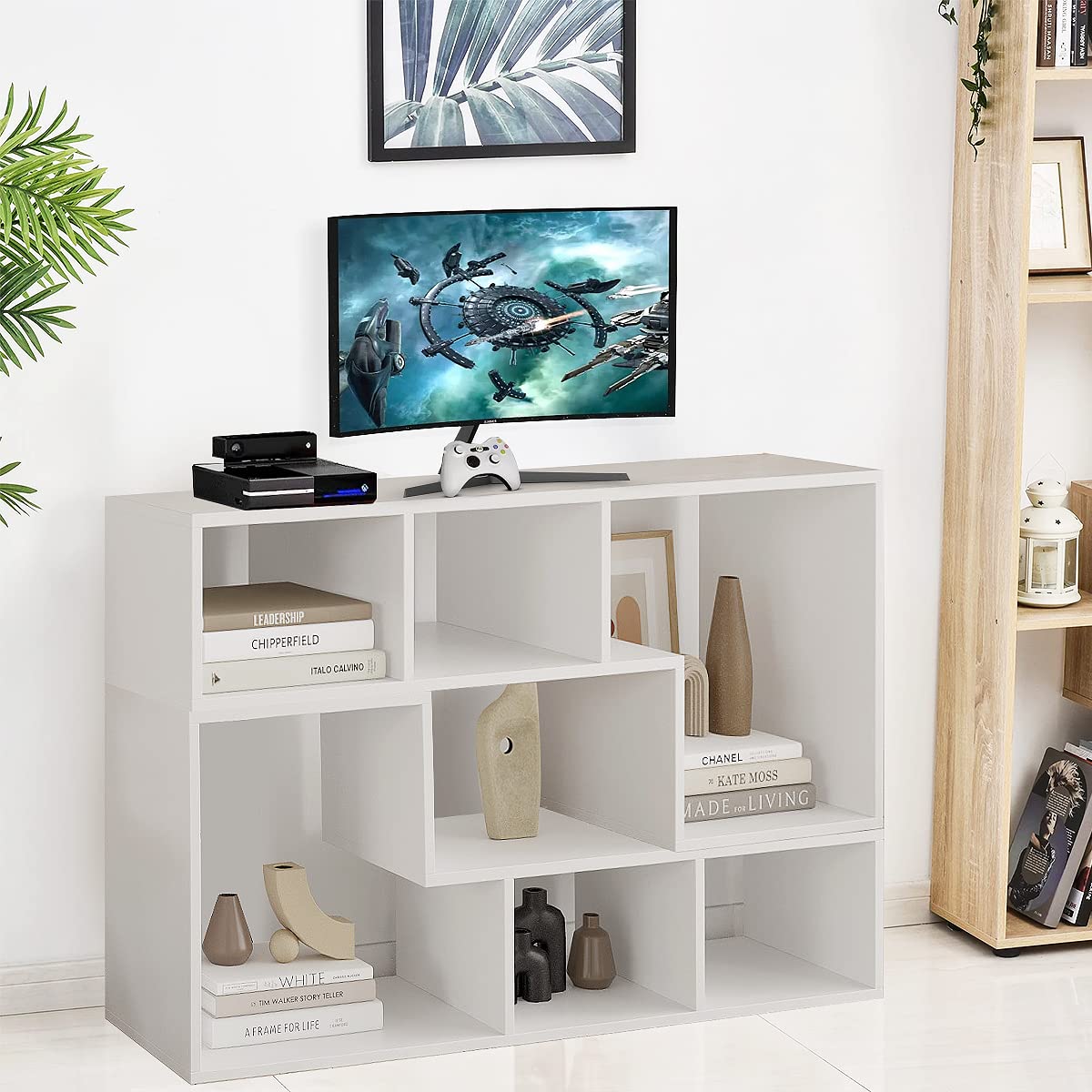 Recaceik Modern L-Shaped Cube Bookshelf - 2-Tier Bookcase & TV Stand with Open Storage Shelves for CDs, Movies, Books - Space-Saving Entertainment Center for Living Room, Bedroom, Home Office (Perfect for Small Spaces & Media Organization)