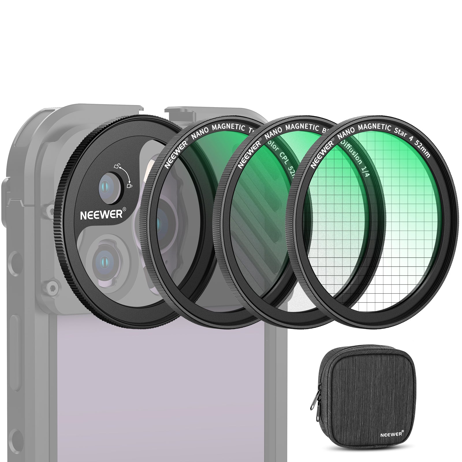 NEEWER 52mm Magnetic Camera Lens Filters for iPhone 14 13 12 Pro Max - Compatible with M Mount Lenses & Phone Cage - Perfect for Vlogging, Photography & Cinematic Effects