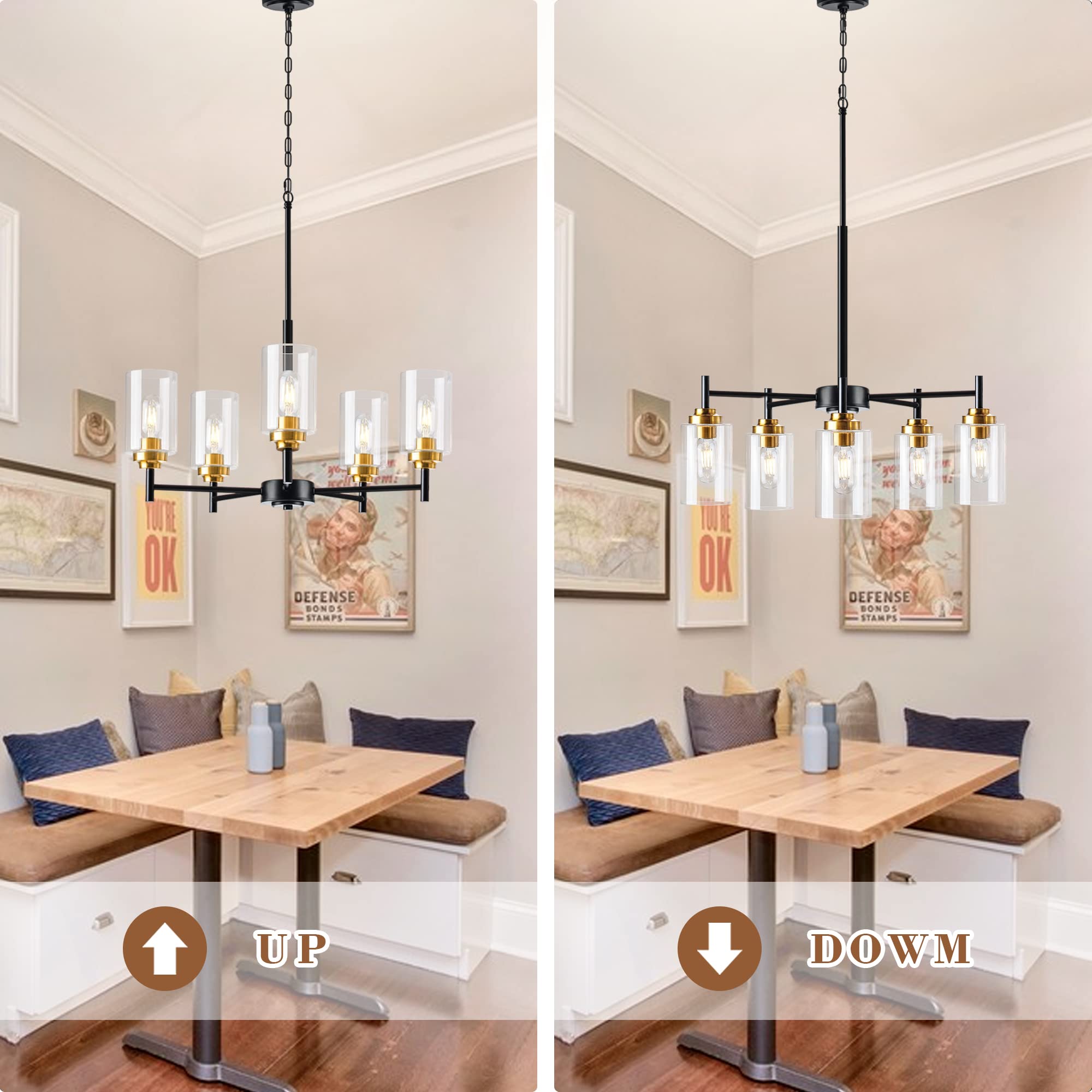 5-Light Glass Farmhouse Chandelier - Modern Black & Gold Pendant Lighting for Dining Room, Kitchen Island, Foyer, Living Room & Bedroom | Elegant Ceiling Fixture for Home Decor & Dining Ambiance