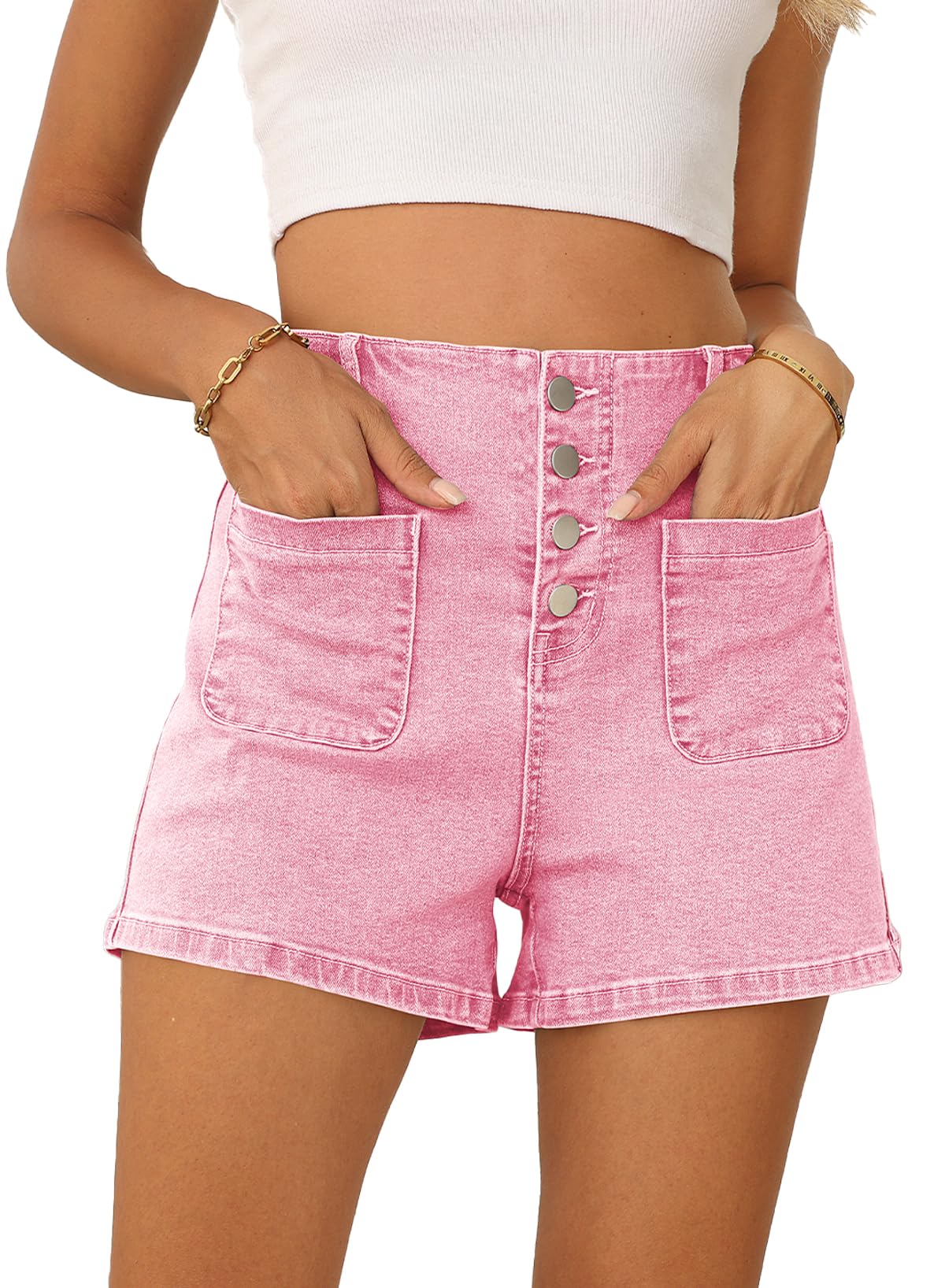 Sidefeel Women's High Waisted Stretchy Denim Shorts with Button Fly | Summer 2025 Fashion | Perfect for Casual Outings, Beach Trips & Street Style